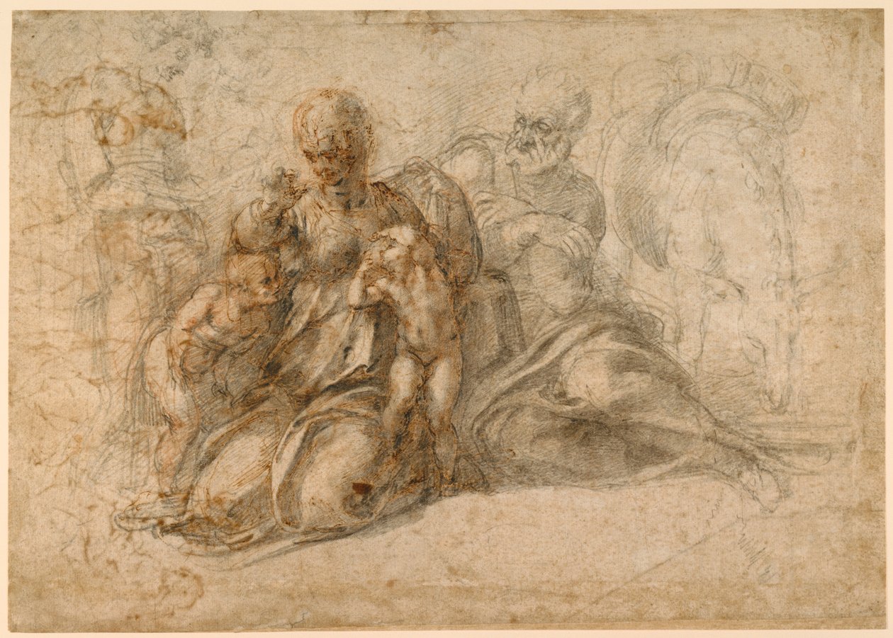 Pyhä perhe (etusivu); rakastunut putti (kääntöpuoli) n. 1530. tekijältä Michelangelo Buonarroti