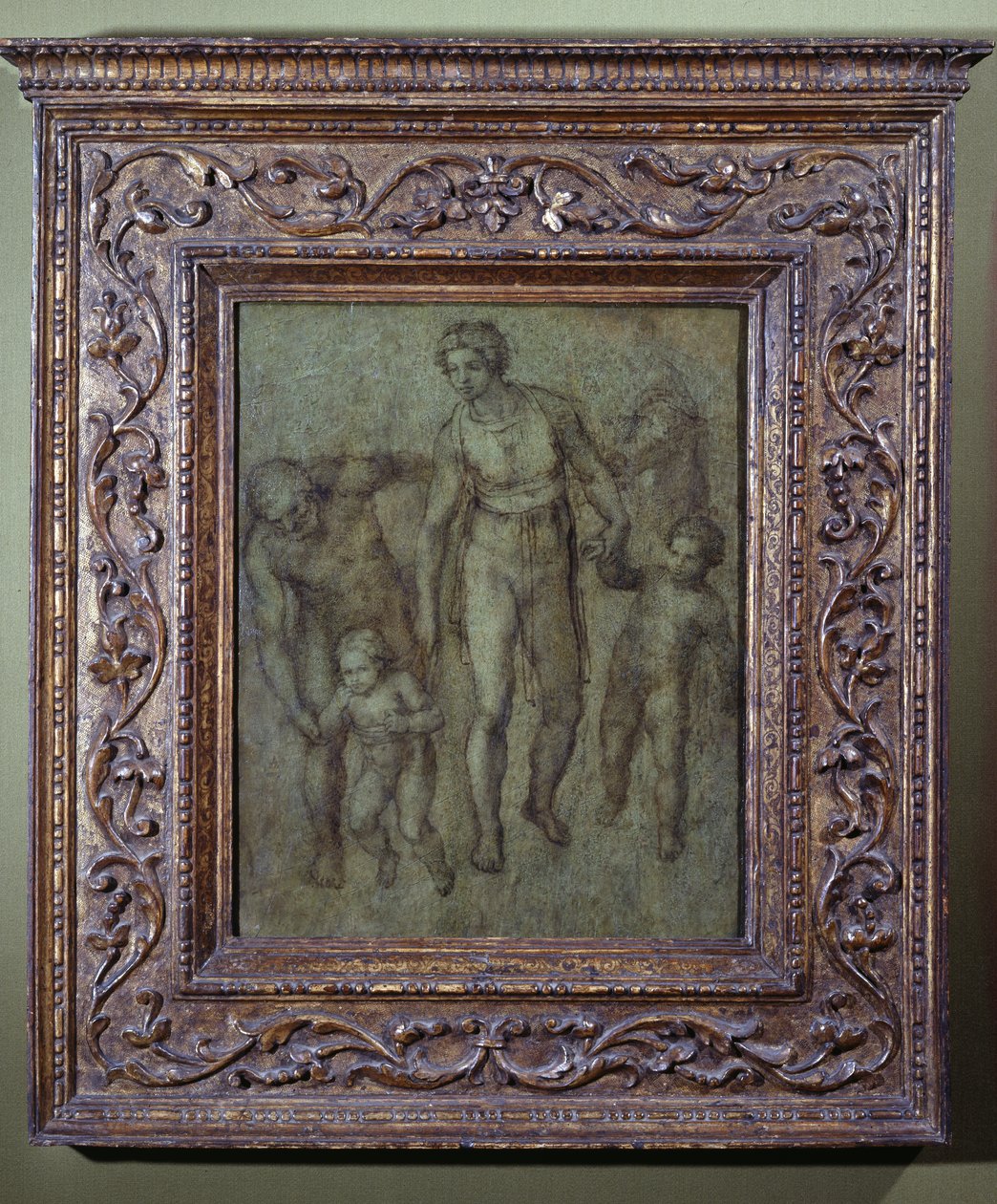 Pyhä perhe Pyhän Johannes Kastajan kanssa, n. 1540 (harja ja ruskea pesu paneelissa) tekijältä Michelangelo Buonarroti