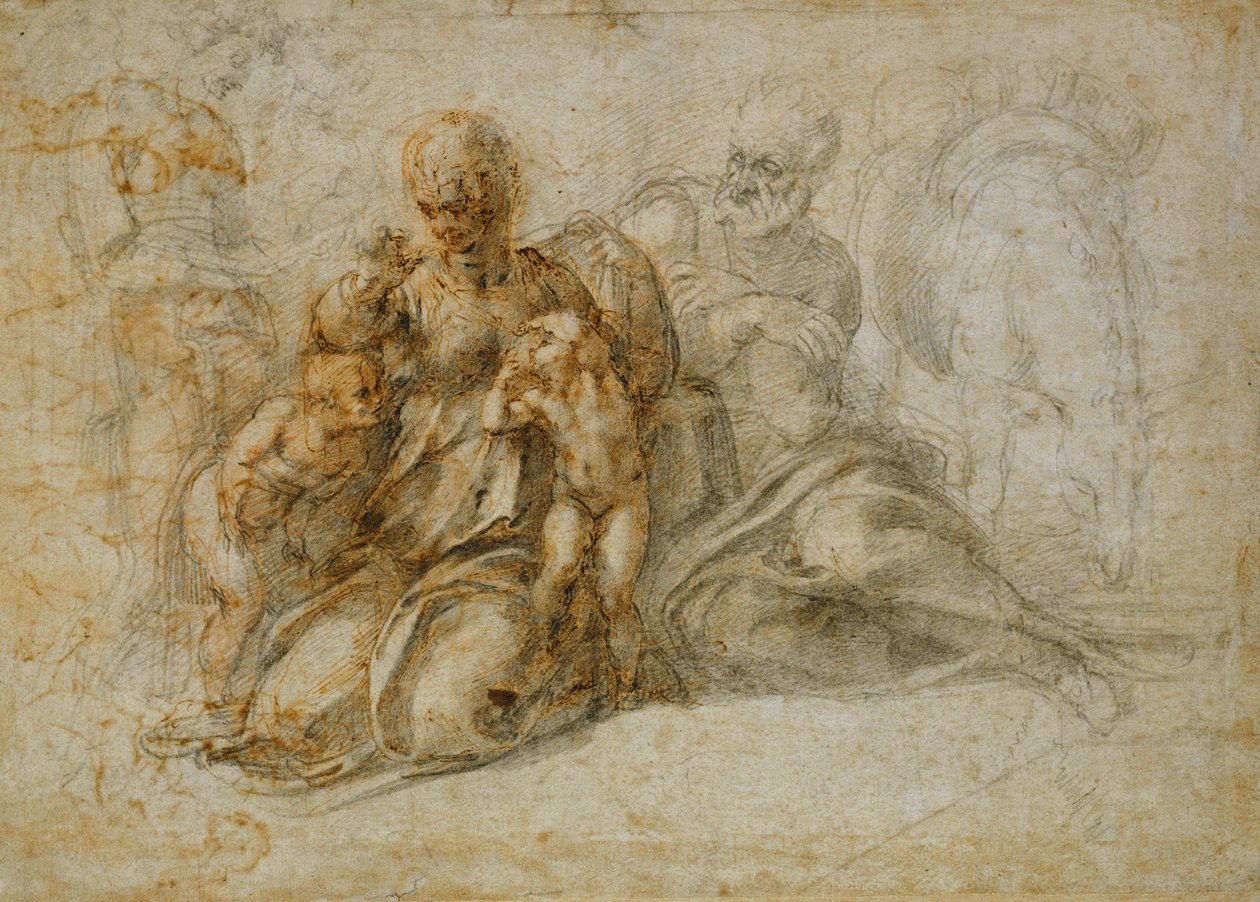 Pyhän Johannes Kastajan tapaaminen pyhän perheen kanssa, johon enkelit osallistuivat: loput lennossa Egyptiin tekijältä Michelangelo Buonarroti