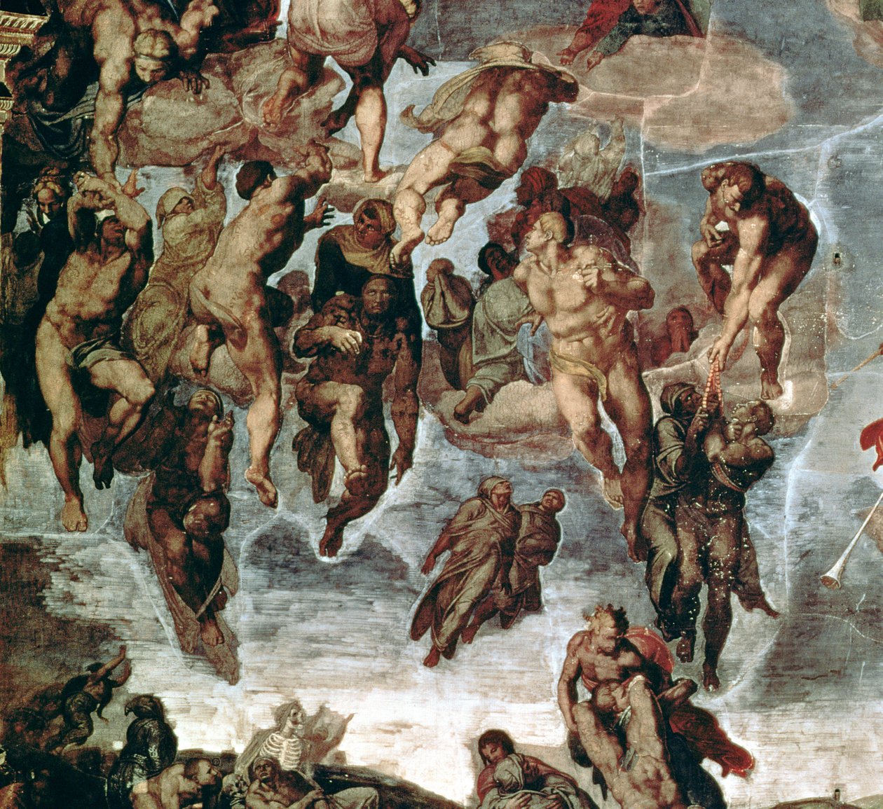 Vanhurskaat piirretty taivaaseen, yksityiskohta "Viimeisestä tuomiosta", Sikstuksen kappelissa, n. 1508-1212 tekijältä Michelangelo Buonarroti