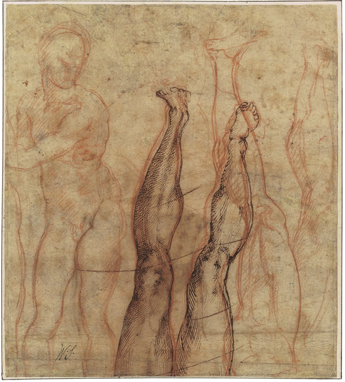 Ylösnoussut Kristus, kolme neljäsosaa pitkä alaston, joka on piirretty jalan ja jalkaterän tutkimusten päälle tekijältä Michelangelo Buonarroti