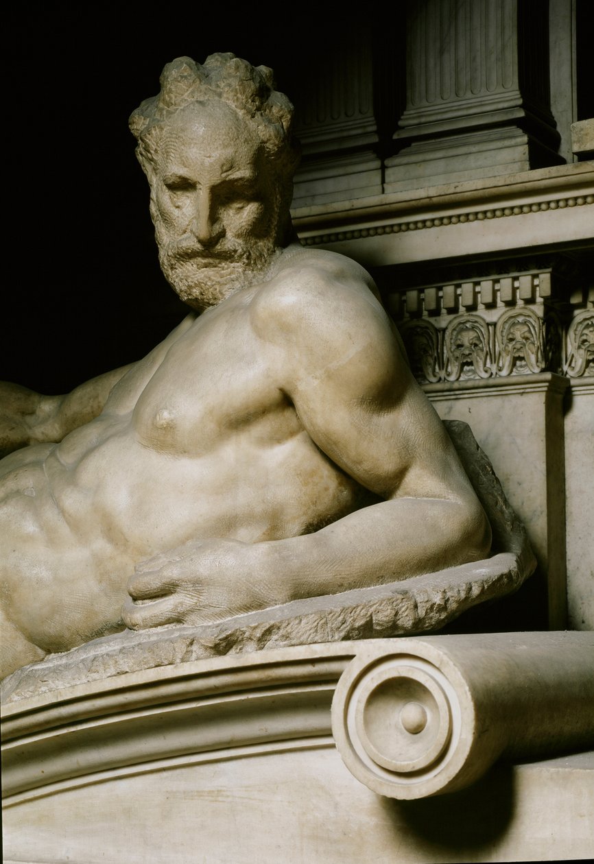 Twilight-allegoria. Mediciksen Laurent II:n hauta. Marmoriveistos 1531 tekijältä Michelangelo Buonarroti