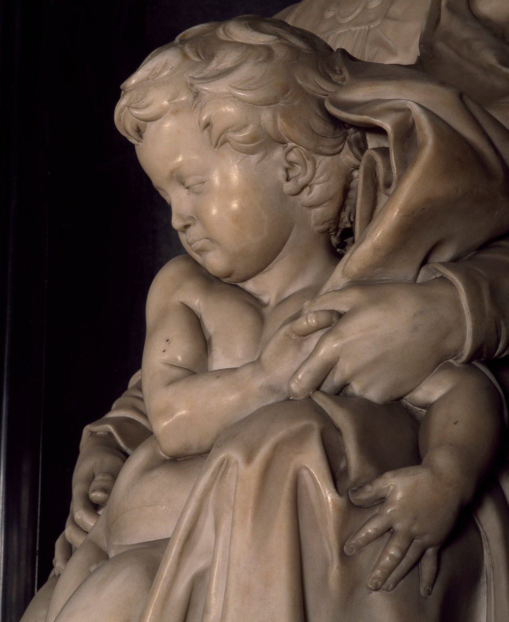 Jeesus-vauva, yksityiskohta Madonnasta ja lapsesta, Michelangelo (1475-1564), Notre Damen kirkko Bruggessa, Belgiassa tekijältä Michelangelo Buonarroti
