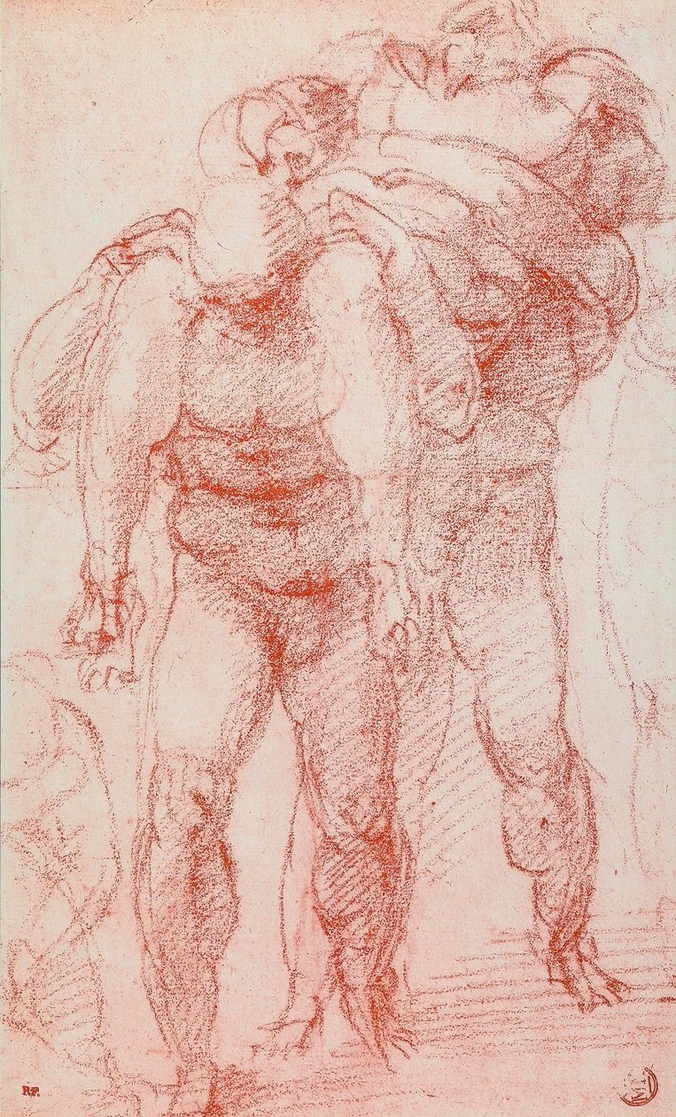 Kolme miestä kantaa ruumista; Michelangelon piirros. Louvre, Pariisi tekijältä Michelangelo Buonarroti