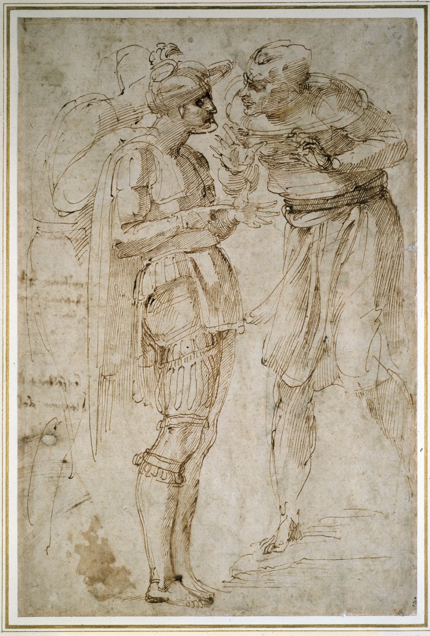 Kolme miestä keskustelussa (kynä ja ruskea muste paperille) tekijältä Michelangelo Buonarroti
