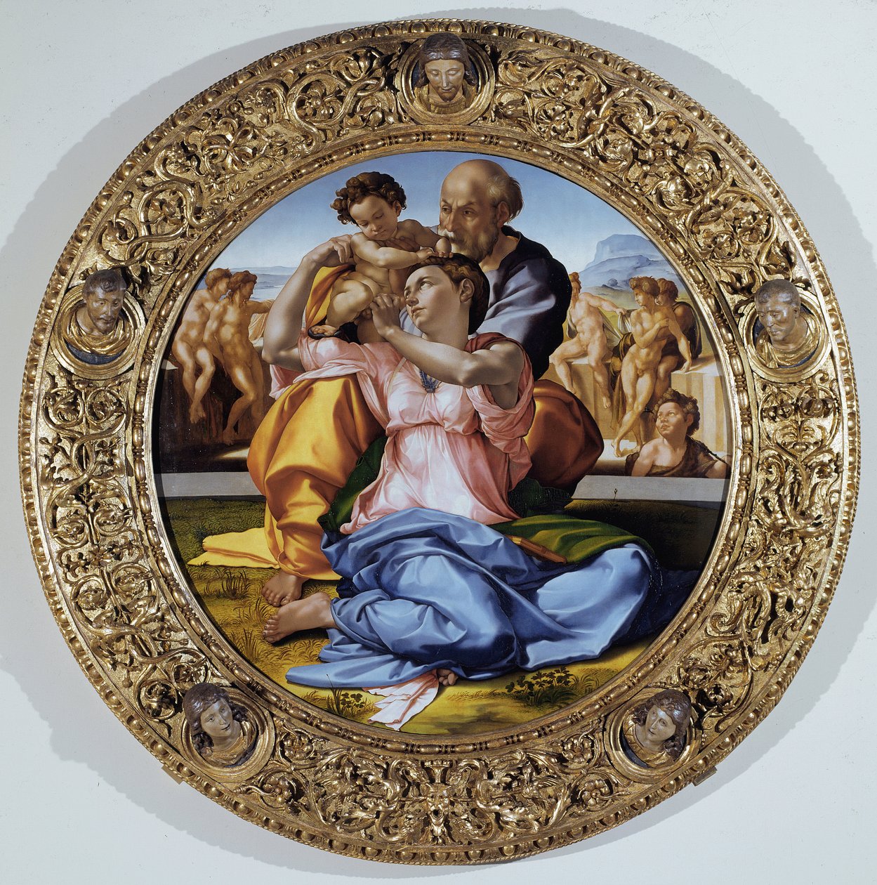 Tondo Doni: Pyhä perhe Pyhän Johannes Kastajan lapsen kanssa - öljy paneelille tekijältä Michelangelo Buonarroti