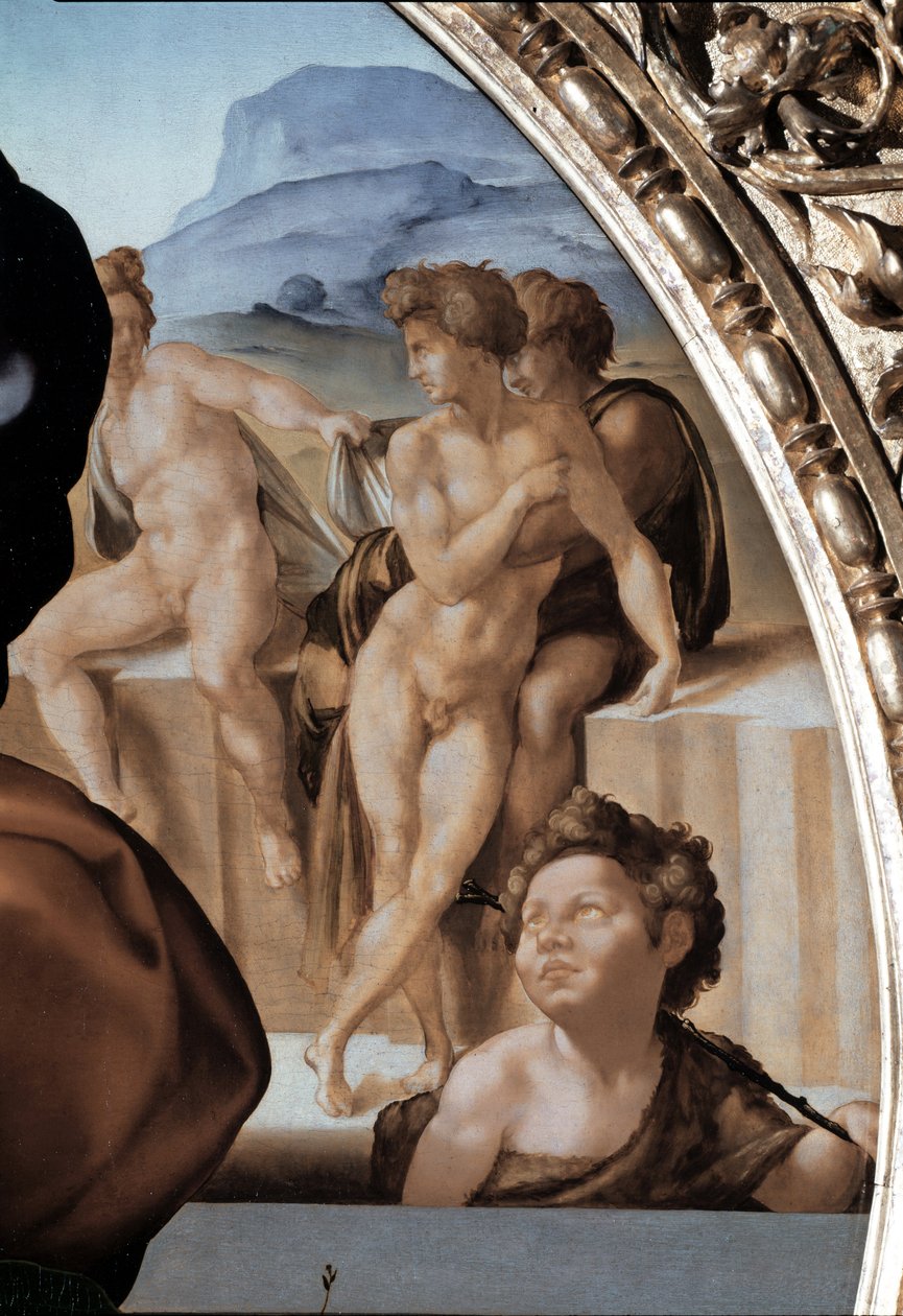 Tondo Doni: Pyhä perhe Pyhän Johannes Kastajan lapsen kanssa, yksityiskohta - 1504-06 (öljy paneelissa) tekijältä Michelangelo Buonarroti