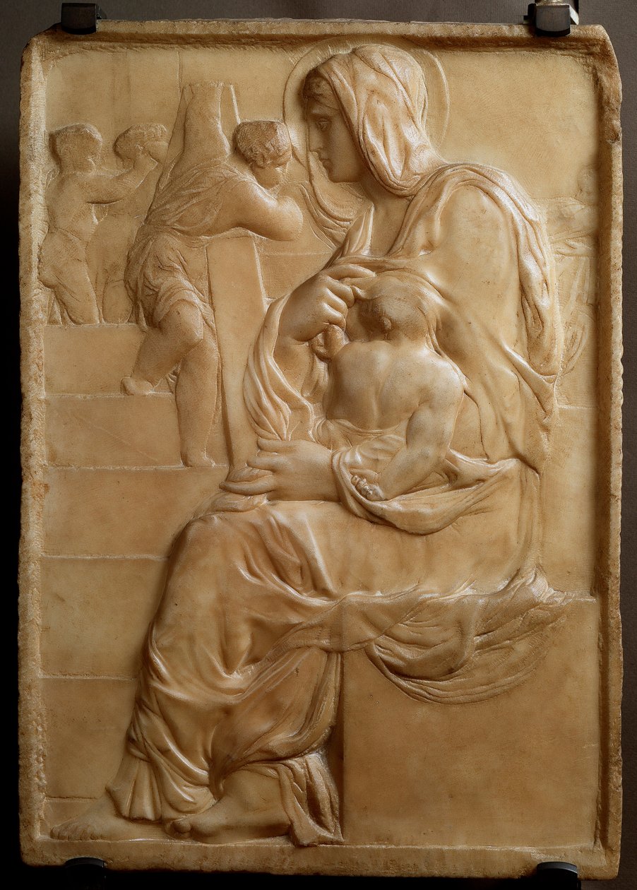Neitsyt portailla (Madonna della Scala) Michelangelo Buonarroti dit Michel Ange (Michelangelo tai Michelangelo) matala marmorireliefi tekijältä Michelangelo Buonarroti