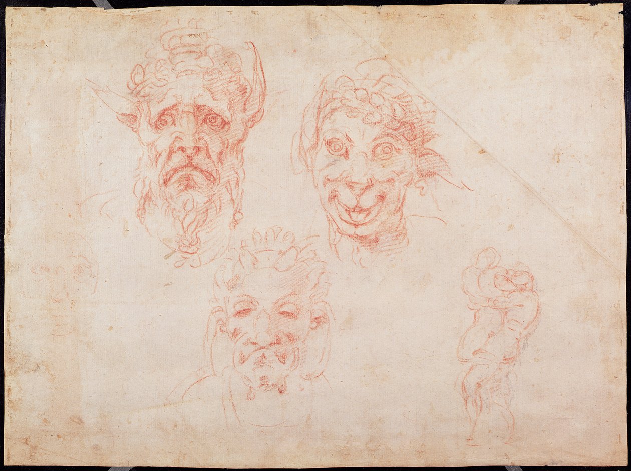 W.33 Luonnokset satyyrien kasvoista (punainen liitu paperille) tekijältä Michelangelo Buonarroti