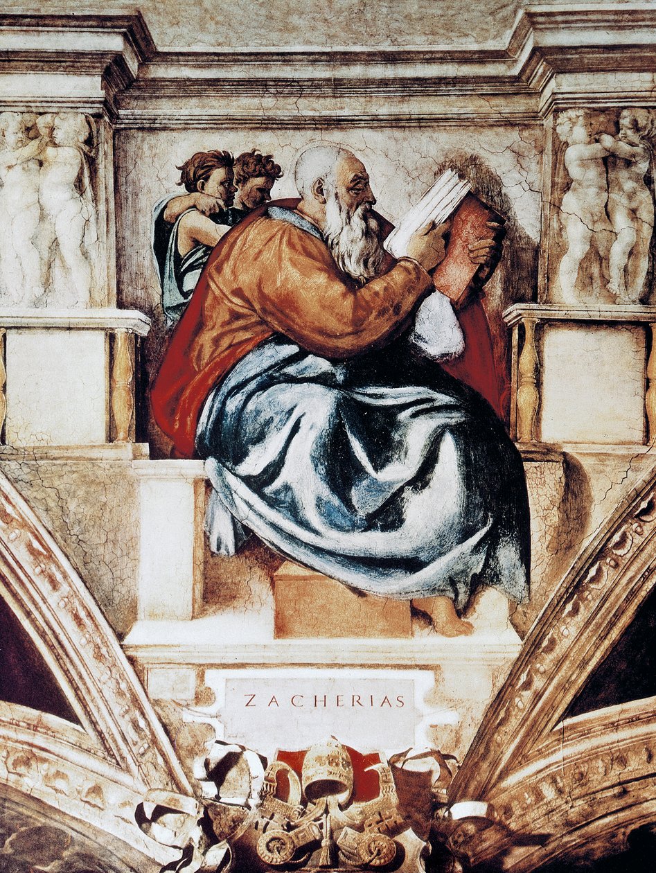 Sakariah, yksityiskohta Sikstuksen kappelin katosta tekijältä Michelangelo Buonarroti