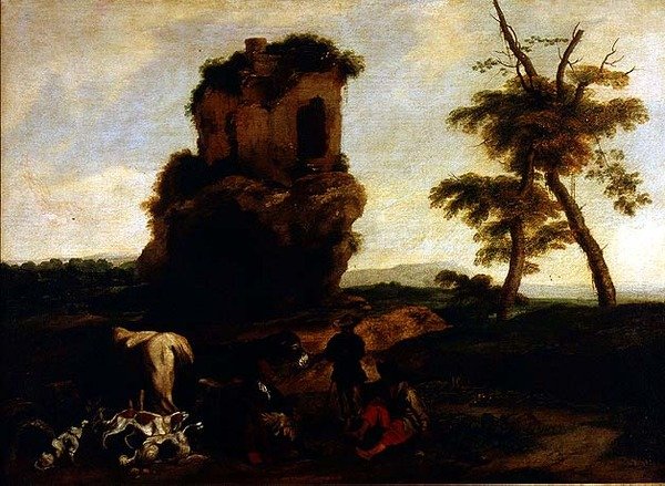 Maisema, jossa matkustajat lepäävät majatalon lähellä tekijältä Michelangelo Cerquozzi