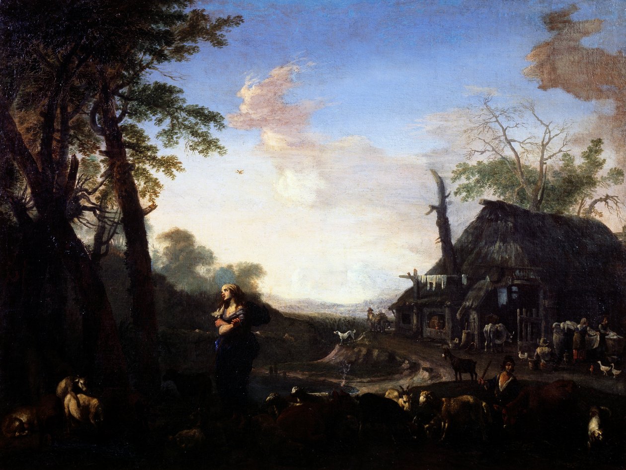 Erminia paimenten keskuudessa, Michelangelo Cerquozzi tunnetaan nimellä Michelangelo delle Battaglie (1602-1660), öljy kankaalle, 75x97 cm. tekijältä Michelangelo Cerquozzi
