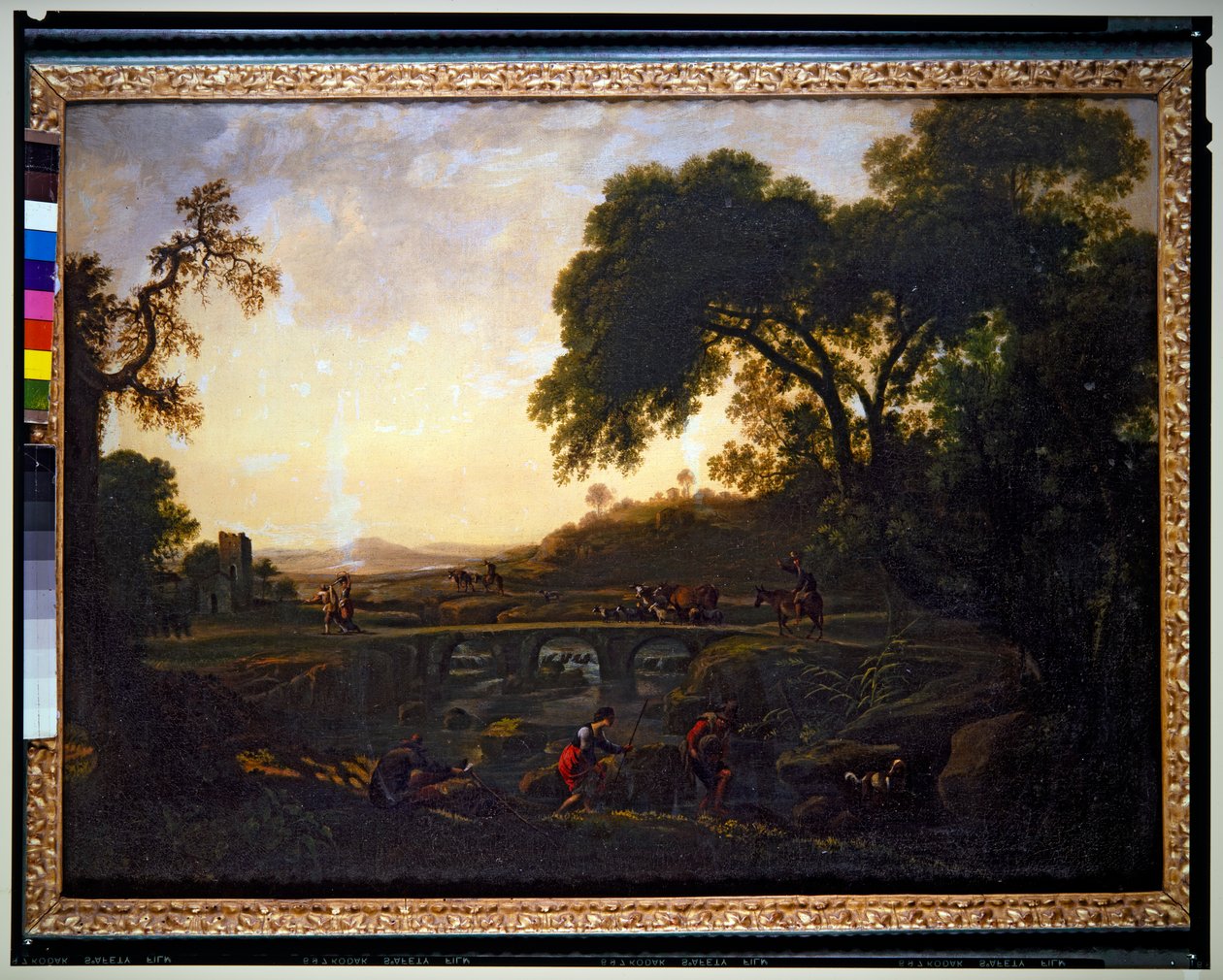 Maisema, jossa on silta, talonpoikia, lehmiä ja vuohia (kangas) tekijältä Michelangelo Cerquozzi