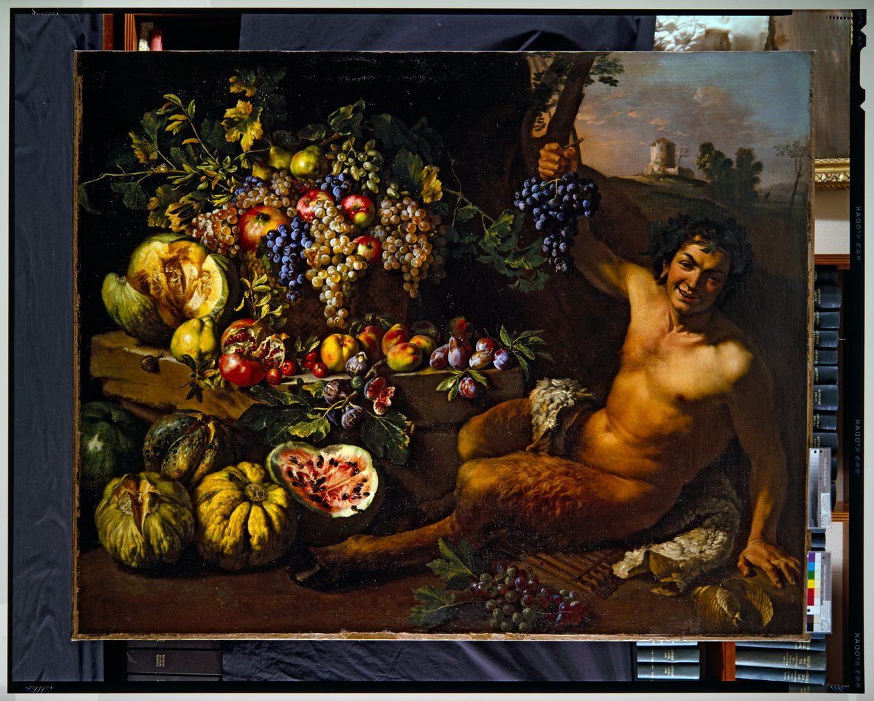 Asetelma, jossa on satiiri maisemassa (kangas) (canvas) tekijältä Michelangelo Cerquozzi