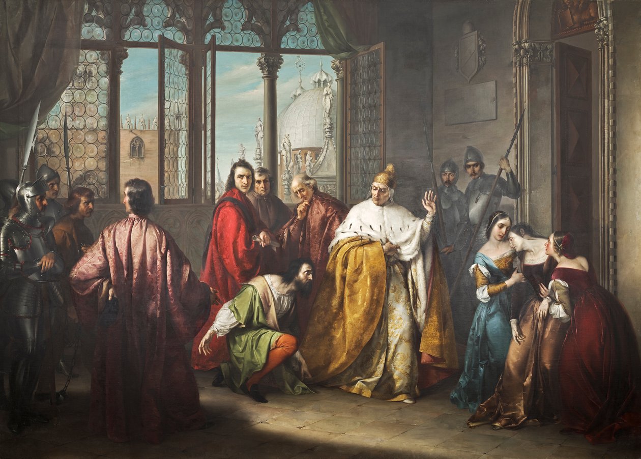 Doge Francesco Foscari lähettää poikansa Jacopon maanpakoon ("I due Foscari") tekijältä Michelangelo Grigoletti