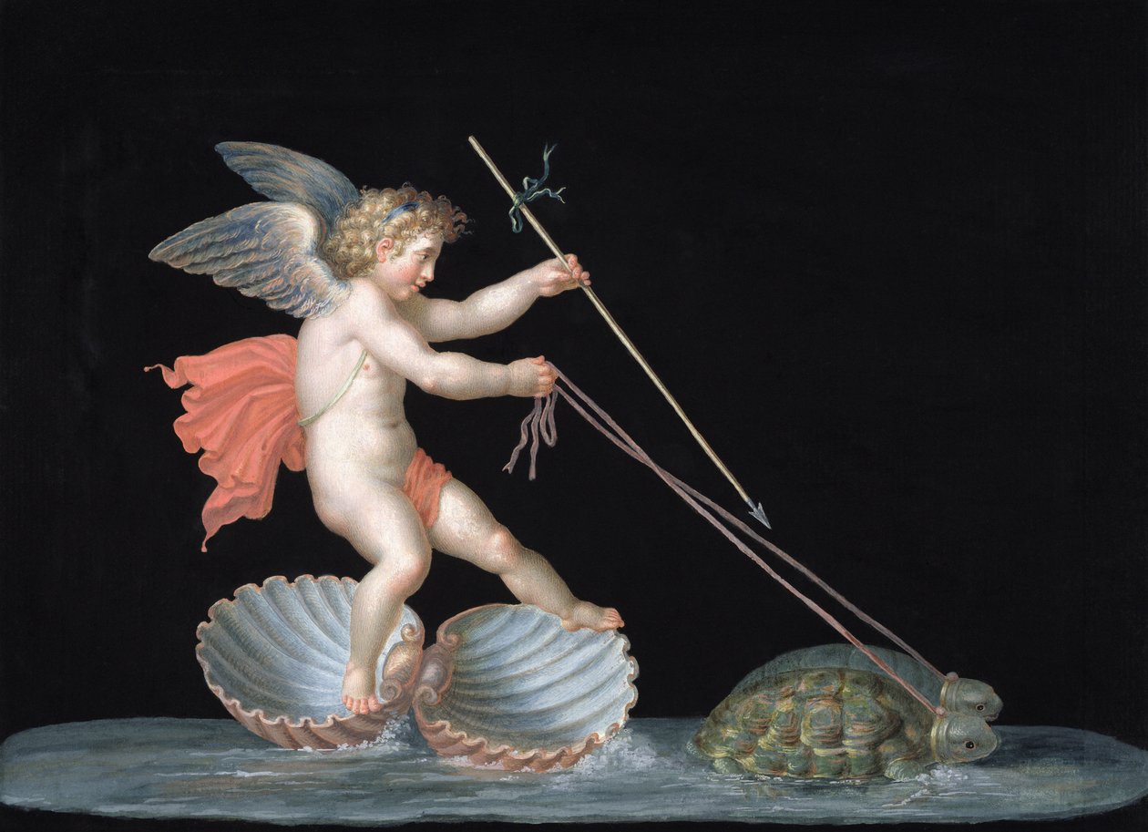 Kilpikonnat johtavat Cupidoa (öljy paneelissa) tekijältä Michelangelo Maestri