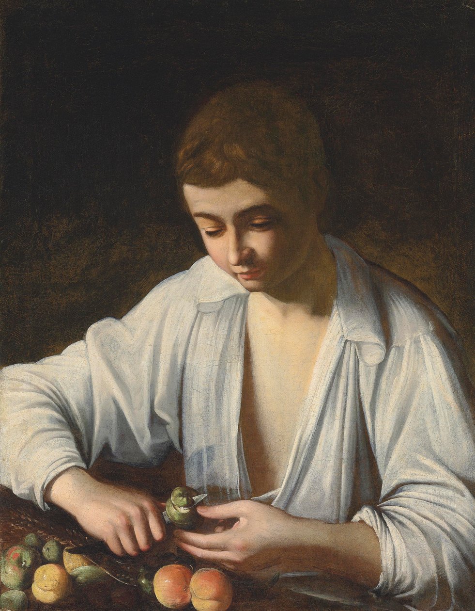 Poika kuorimassa hedelmiä tekijältä Michelangelo Merisi Caravaggio