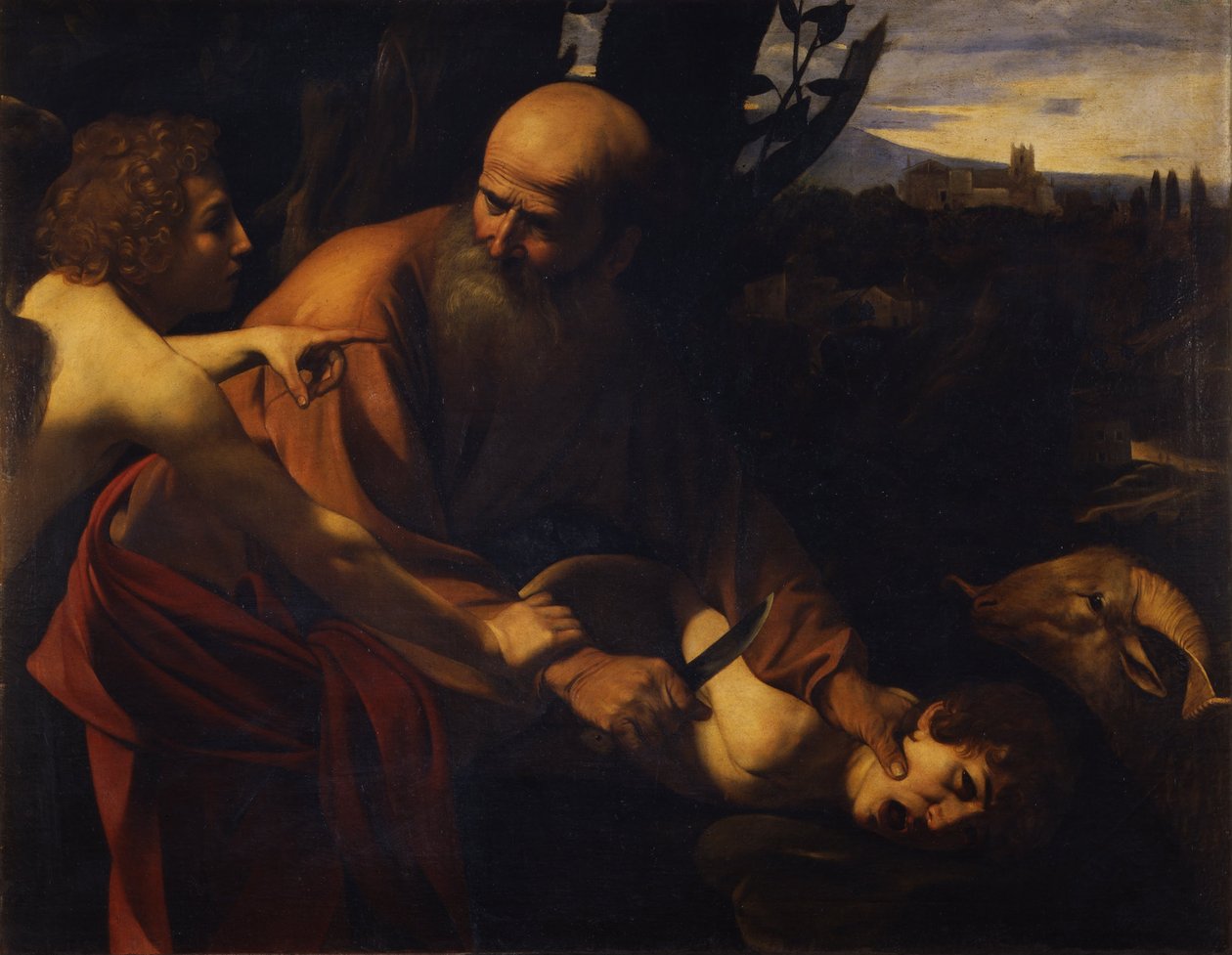 Abraham uhraa Iisakin, 1603-1604 tekijältä Michelangelo Merisi Caravaggio