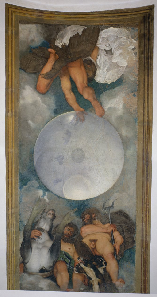 Allegoria alkuaineista, universumi ja horoskooppimerkit, 1597 (öljy kipsille) (katso yksityiskohdat 107110) tekijältä Michelangelo Merisi Caravaggio