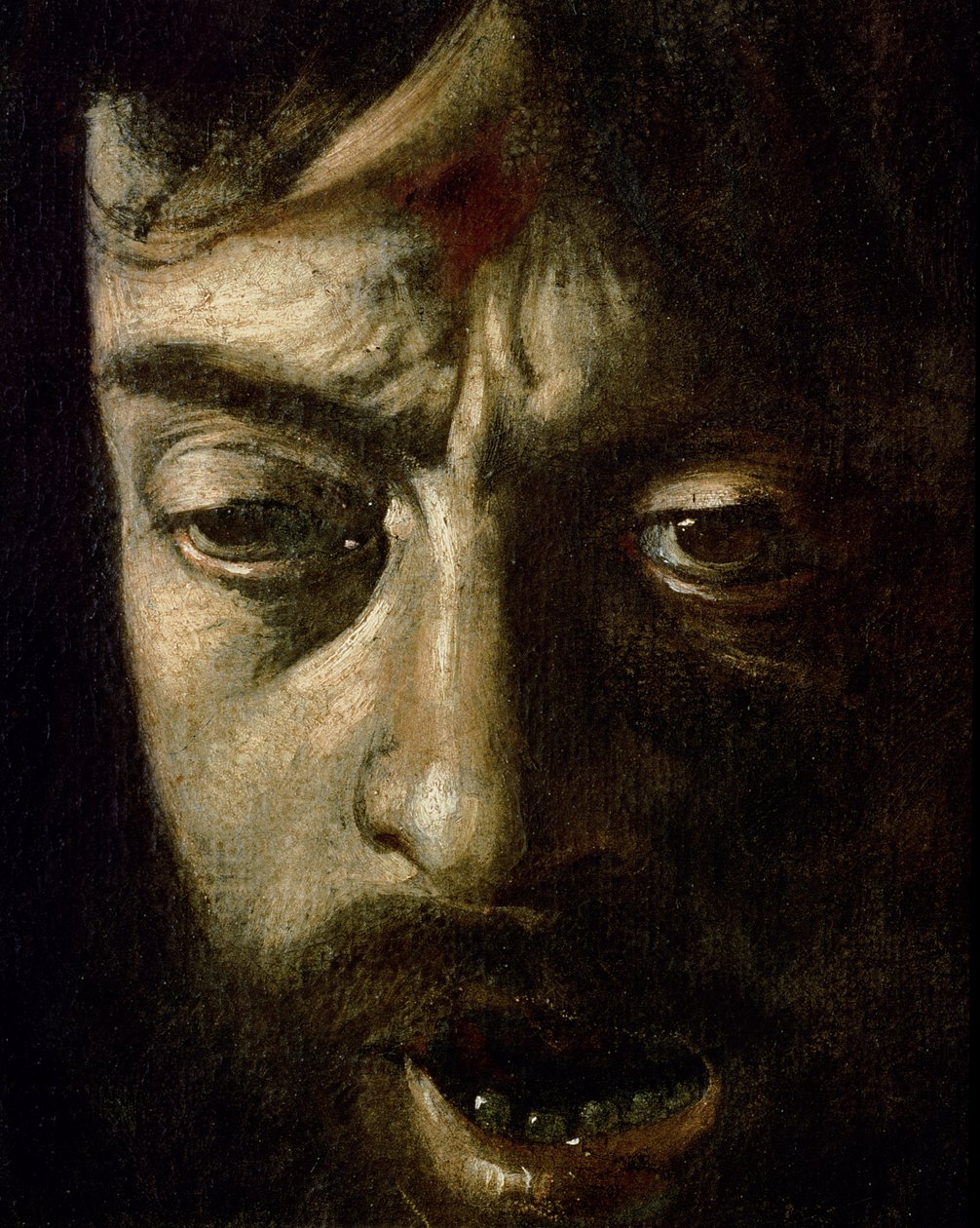 Daavid ja Goljatin pää, pään yksityiskohta, 1606 öljy kankaalle yksityiskohta 100349:stä tekijältä Michelangelo Merisi Caravaggio