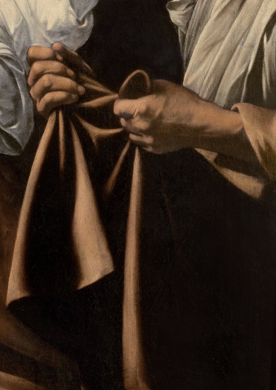 Yksityiskohta palvelijan pussista päätä varten, Judith ja Holofernes, 1599 tekijältä Michelangelo Merisi Caravaggio