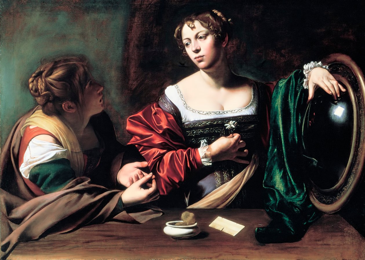 Martta ja Maria Magdaleena, n. 1598 tekijältä Michelangelo Merisi Caravaggio