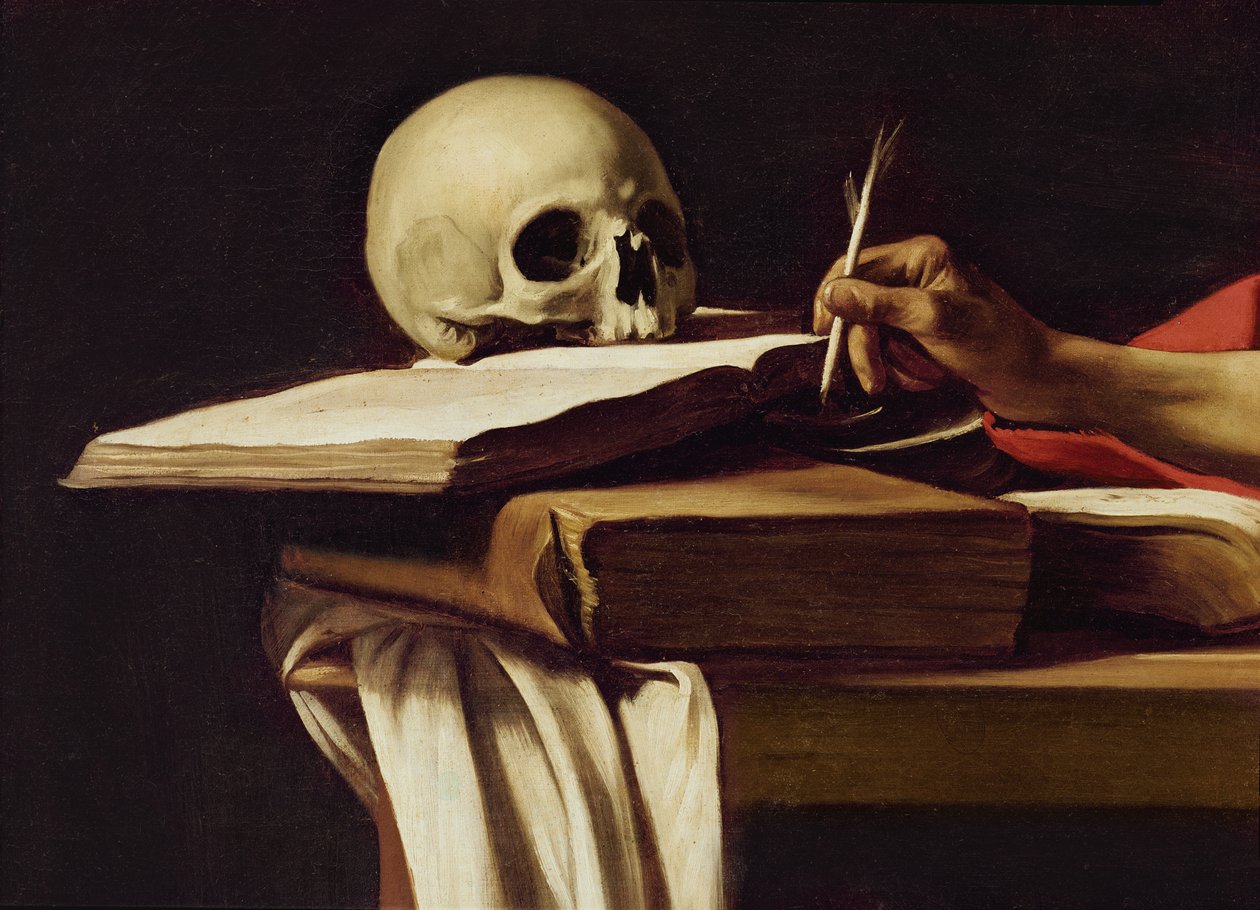 Saint Jerome, kirjoitus (yksityiskohta maalauksesta 64912) tekijältä Michelangelo Merisi Caravaggio
