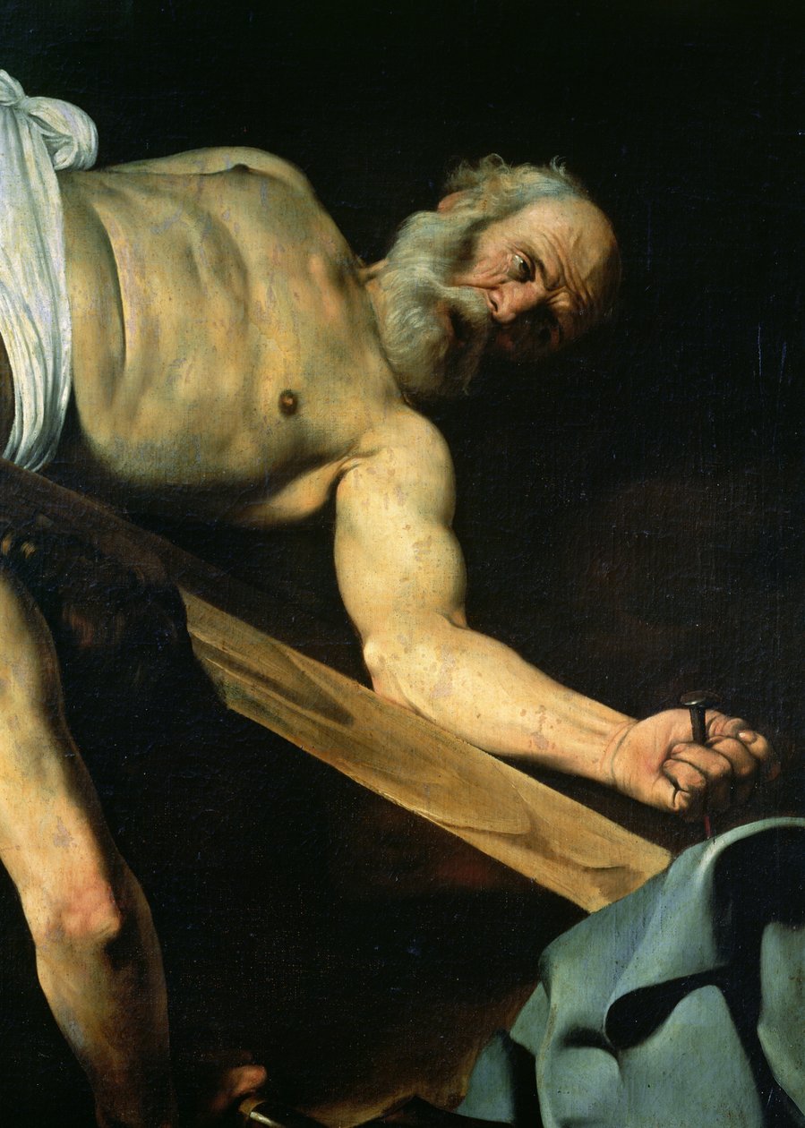 Pyhän Pietarin ristiinnaulitseminen, yksityiskohta Pyhästä Pietarista, 1600-01 tekijältä Michelangelo Merisi Caravaggio