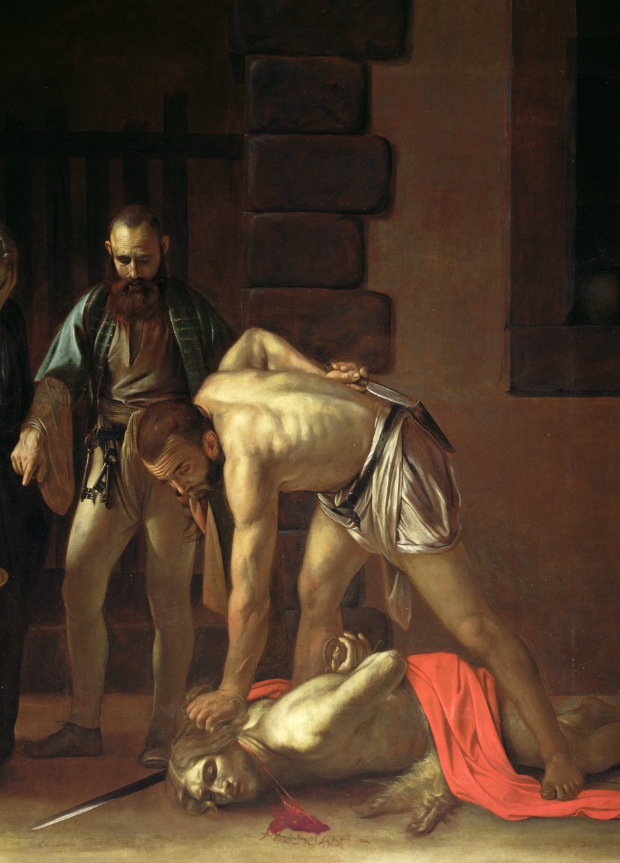 Johannes Kastajan mestaus, 1608 öljy kankaalle, 127654:n yksityiskohta, 1608. tekijältä Michelangelo Merisi Caravaggio