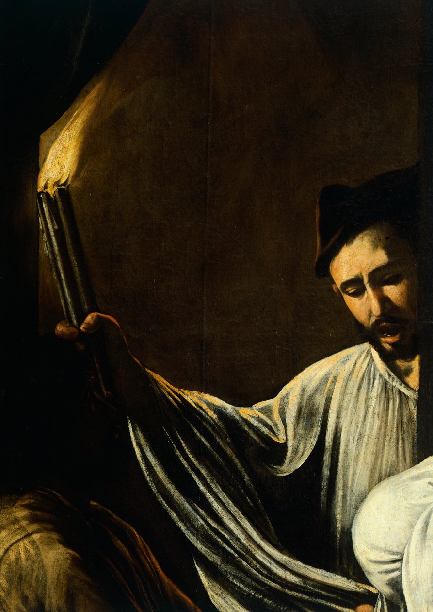 Mies pitelee taskulamppua ja hautaamassa kuollutta, yksityiskohta Our Lady of Mercy tai Seven Acts of Mercy, n. 1606-07 (öljy kankaalle) tekijältä Michelangelo Merisi da Caravaggio