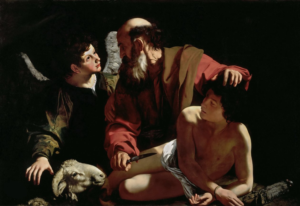 Caravaggio, Michelangelo (1571-1610) Abraham uhraa Iisakin. Öljy kankaalle, n. 1597-1599, Mitat: 116x173. Barbara Piasecka Johnson -kokoelma tekijältä Michelangelo Merisi da Caravaggio