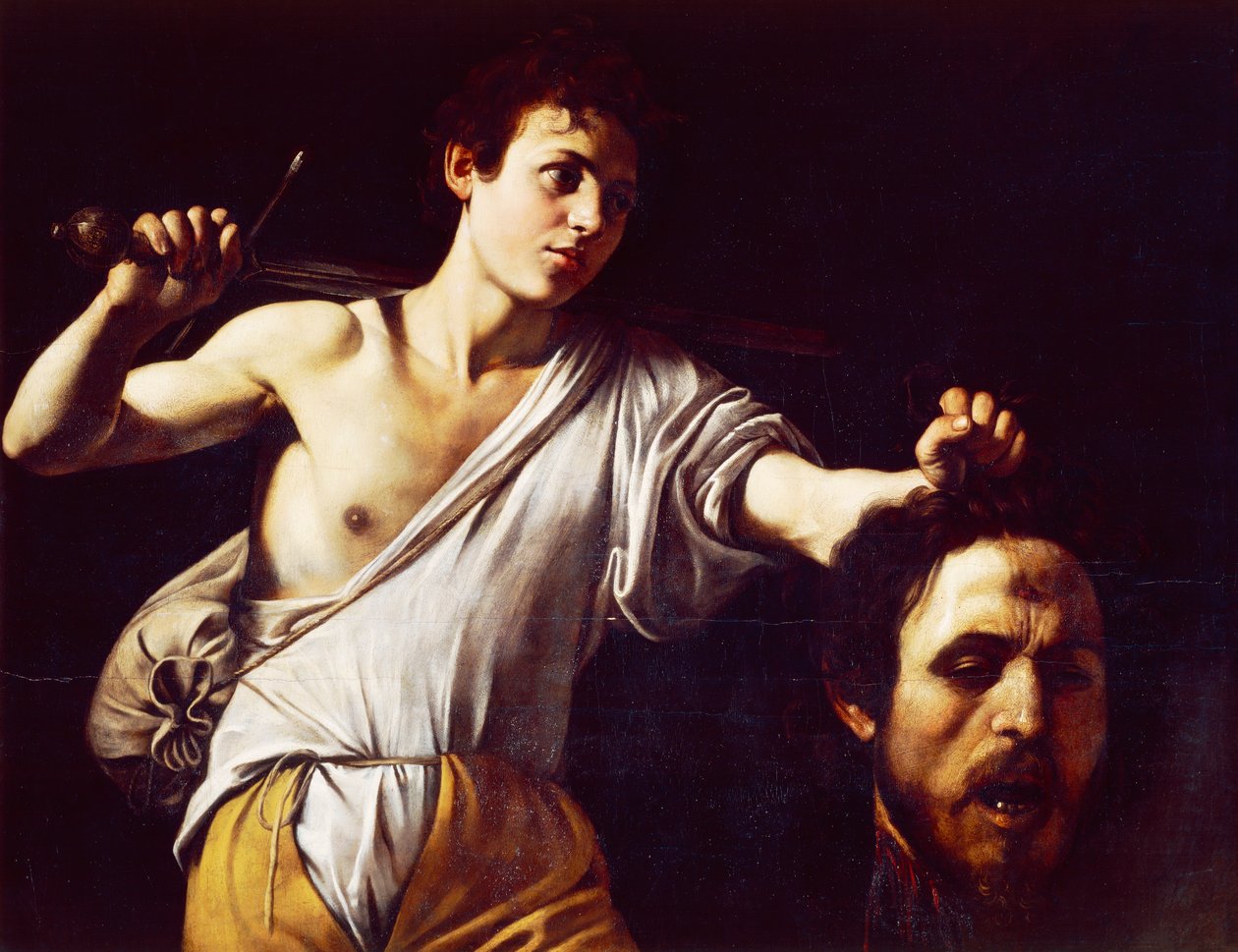 Michelangelo Merisin, Caravaggiona (1571-1610) tunnettu David Goljatin päällä, Öljy kankaalle, 90,5 x 116,5 cm tekijältä Michelangelo Merisi da Caravaggio