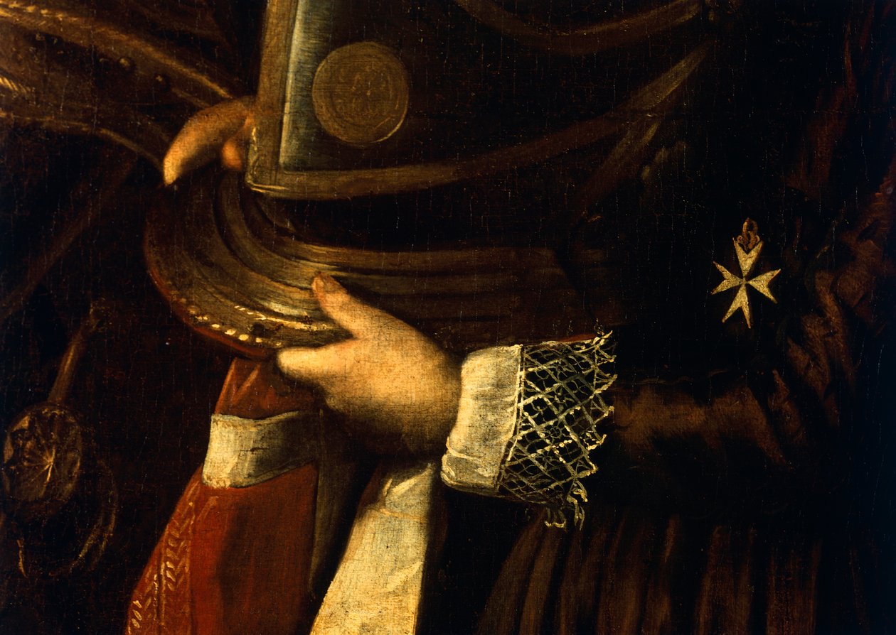 Yksityiskohta Alof de Wignacourtin muotokuvasta hänen sivullaan tekijältä Michelangelo Merisi da Caravaggio