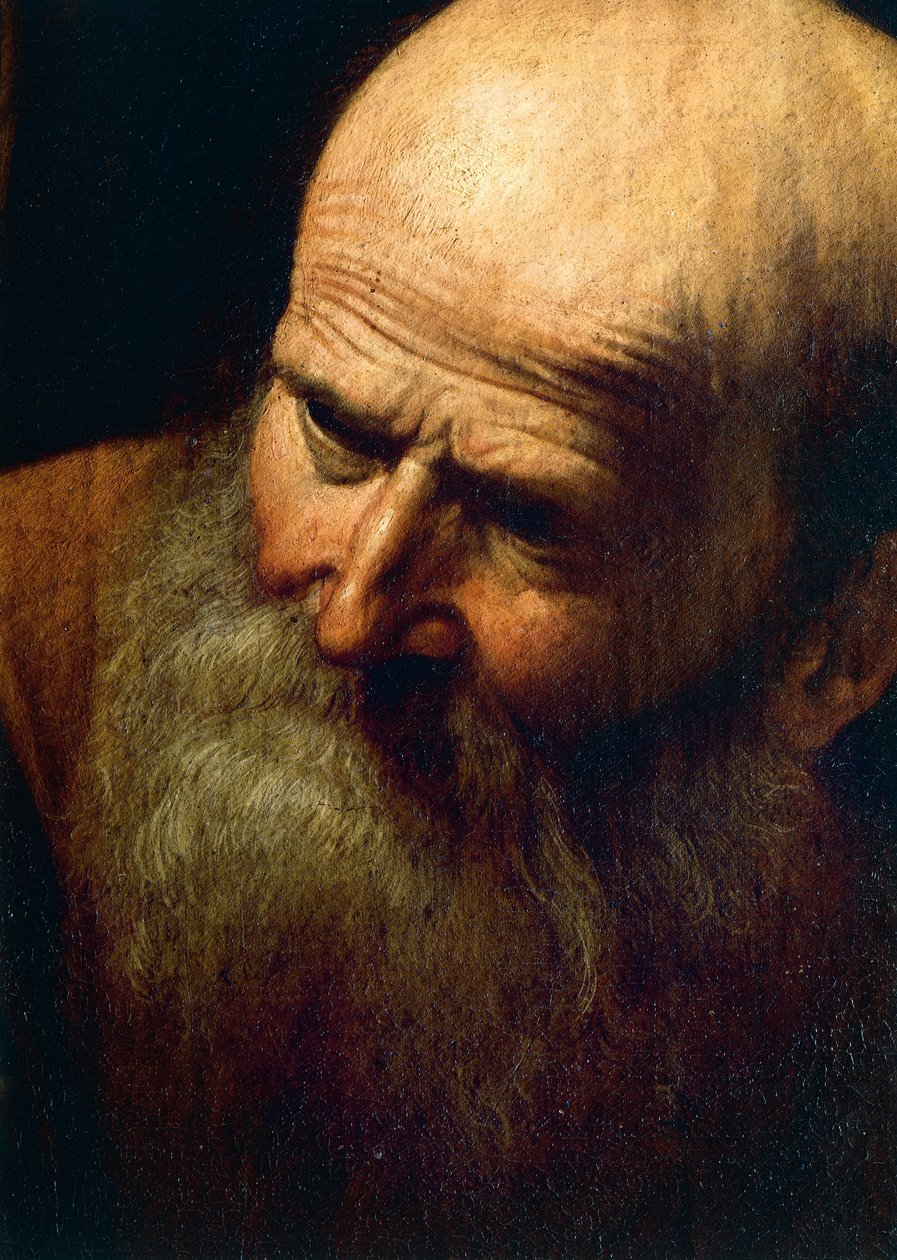 Abrahamin kasvot, yksityiskohta Iisakin uhrauksesta, n. 1603-04 (öljy kankaalle) tekijältä Michelangelo Merisi da Caravaggio