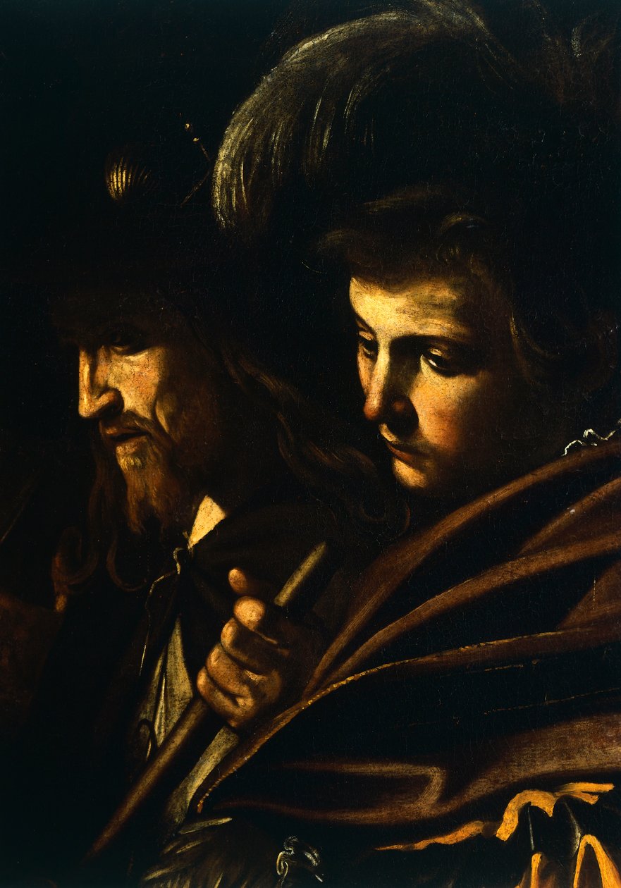 Kahden miehen kasvot, yksityiskohta Our Lady of Mercy tai Seven Acts of Mercy, n.1606-07 (öljy kankaalle) tekijältä Michelangelo Merisi da Caravaggio