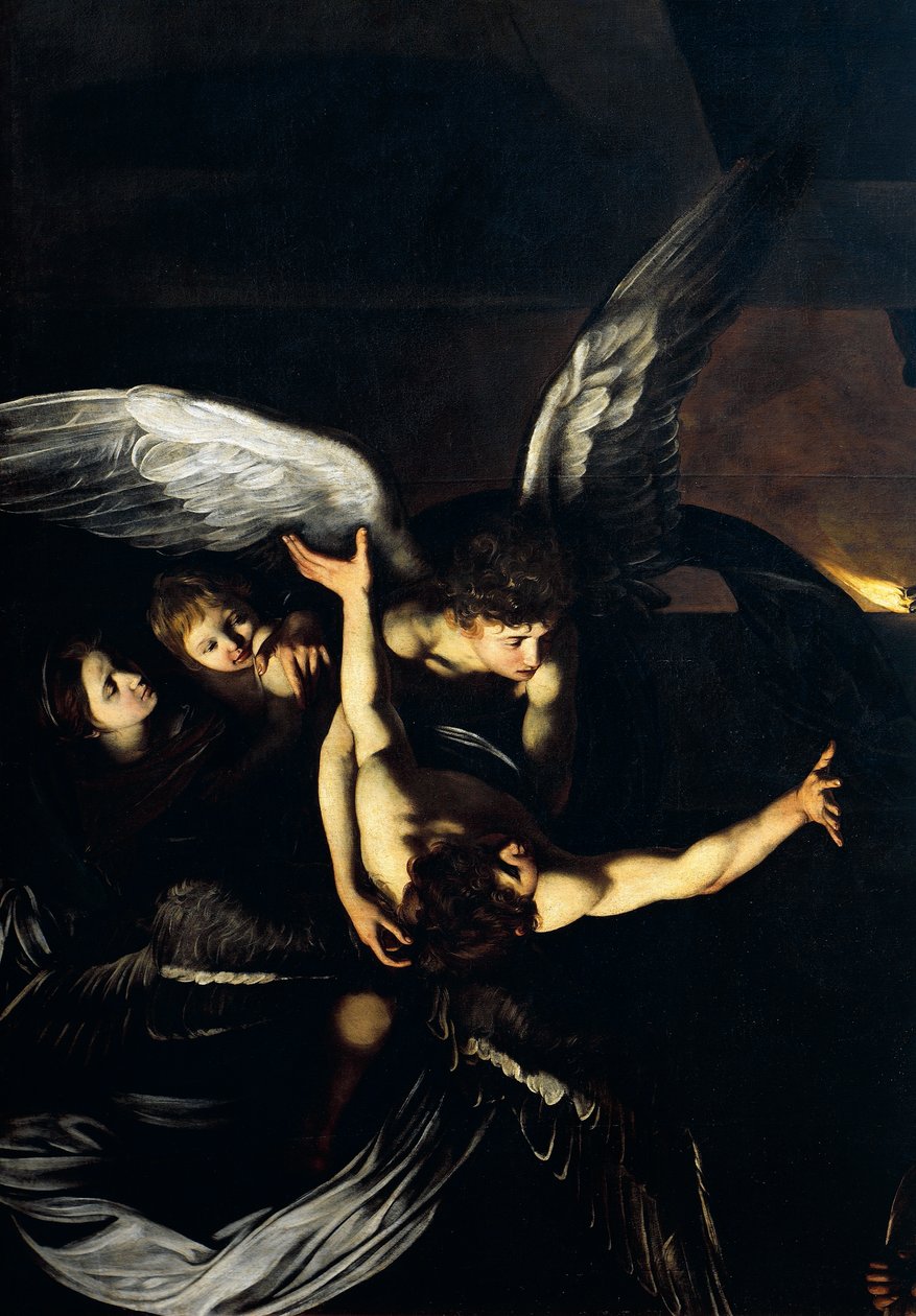 Enkelihahmot, yksityiskohta Our Lady of Mercy tai Seven Acts of Mercy, n.1606-07 (öljy kankaalle) tekijältä Michelangelo Merisi da Caravaggio