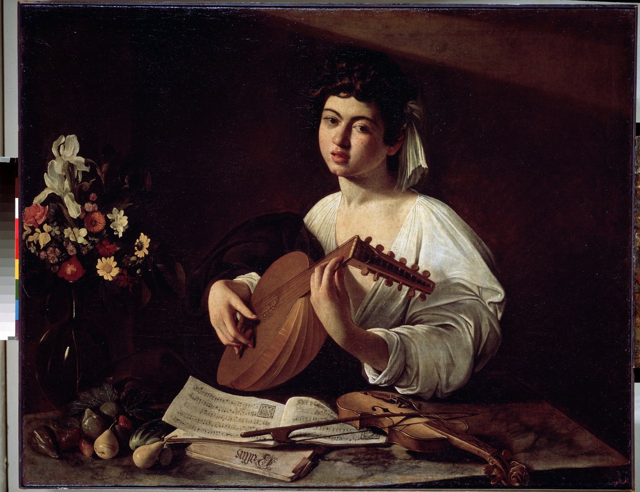 ""The Luutun soittaja"" (The Luutun soittaja) Michelangelo Merisin maalaus, joka tunnetaan nimellä Caravaggio (Caravaggio) (1571-1610) noin 1595 Koko 94x119 cm Eremitaaši, Pietari. tekijältä Michelangelo Merisi da Caravaggio