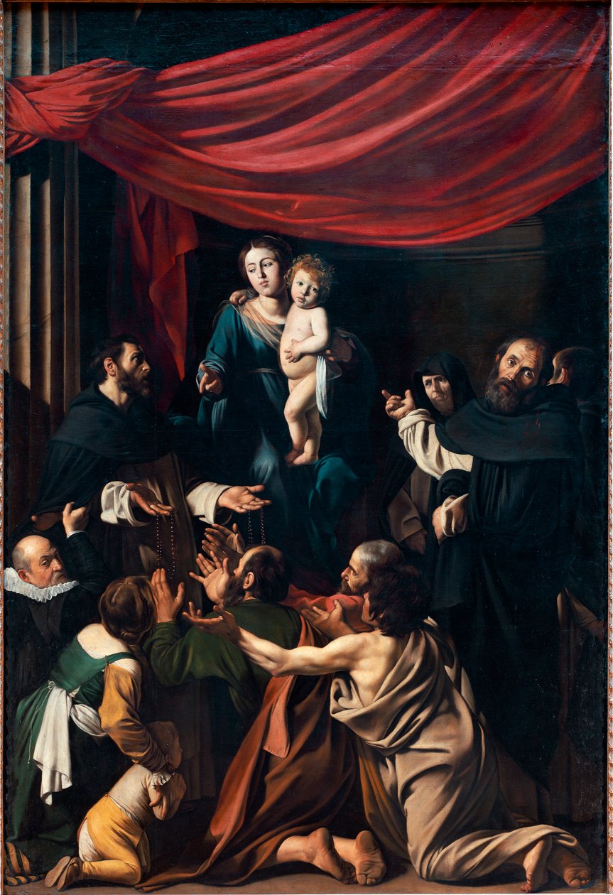 Madonna Rosaryssa (öljy kankaalle tekijältä Michelangelo Merisi da Caravaggio