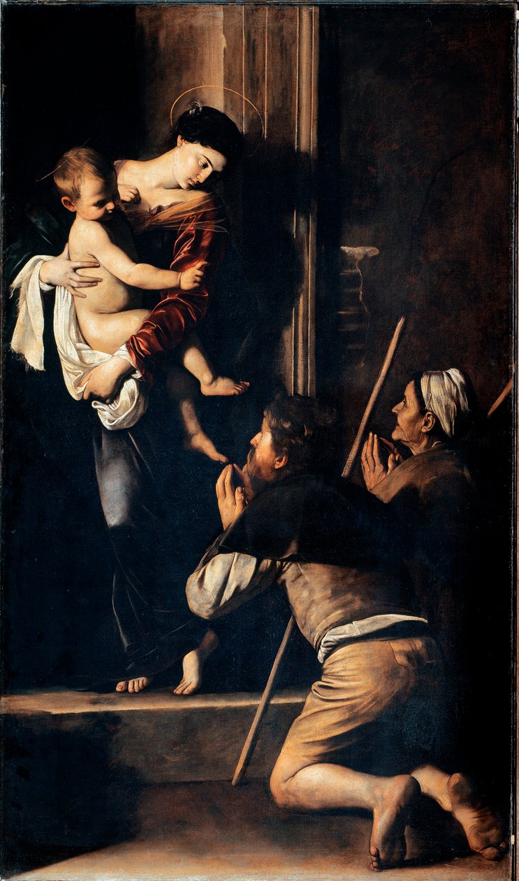 Madonna dei pellegrini tunnetaan myös nimellä Madonna of Loreto (Madonna des Pelerins tai Madonna de Lorette). Michelangelo Merisin maalaus dit Il Caravaggio (The Caravaggio) (1571-1610) 1603-1605 Koko 260x150 cm Rooma, Church of Sant 