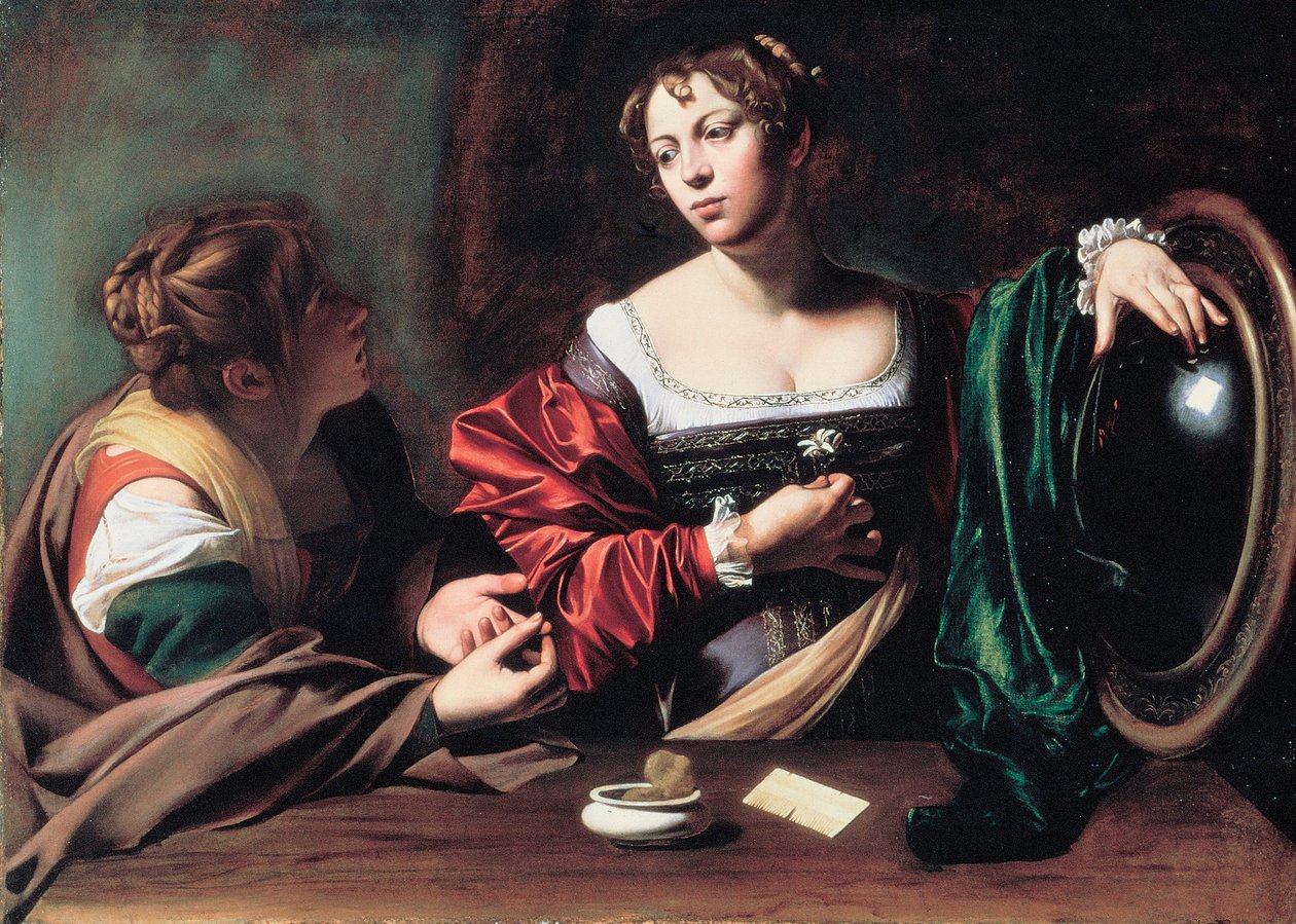 ""Martha ja Maria Magdalene"" Michelangelo Merisin maalaus, joka tunnetaan nimellä Caravaggio tai il Caravaggio (1571-1610) noin 1598 Mitat 100x134,5 cm Detroitin taideinstituutti tekijältä Michelangelo Merisi da Caravaggio