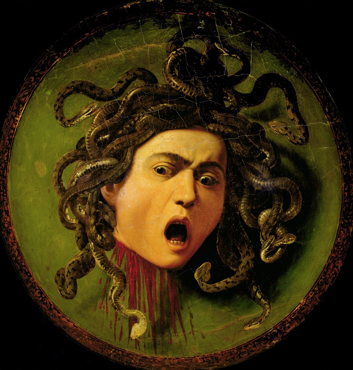 Meduusa, maalattu nahkakilpeen, n.1596-98 (öljy kankaalle kiinnitettynä puuhun) (ennen restaurointia). tekijältä Michelangelo Merisi da Caravaggio