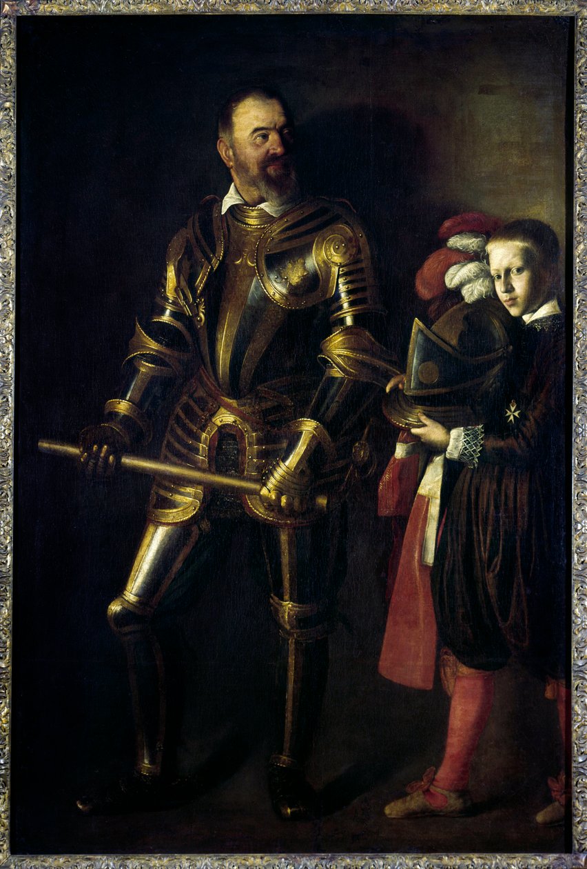 Muotokuva Alof de Wignacourtin (1547-1622) jalassa, Maltan ritarikunnan suurmestarina 1601-1622, ja hänen sivunsa Michelangelo Merisin maalaus dit Le Caravaggio ou il Caravaggio (1571-1610) 1608 Su. 1,94x1,34 m tekijältä Michelangelo Merisi da Caravaggio