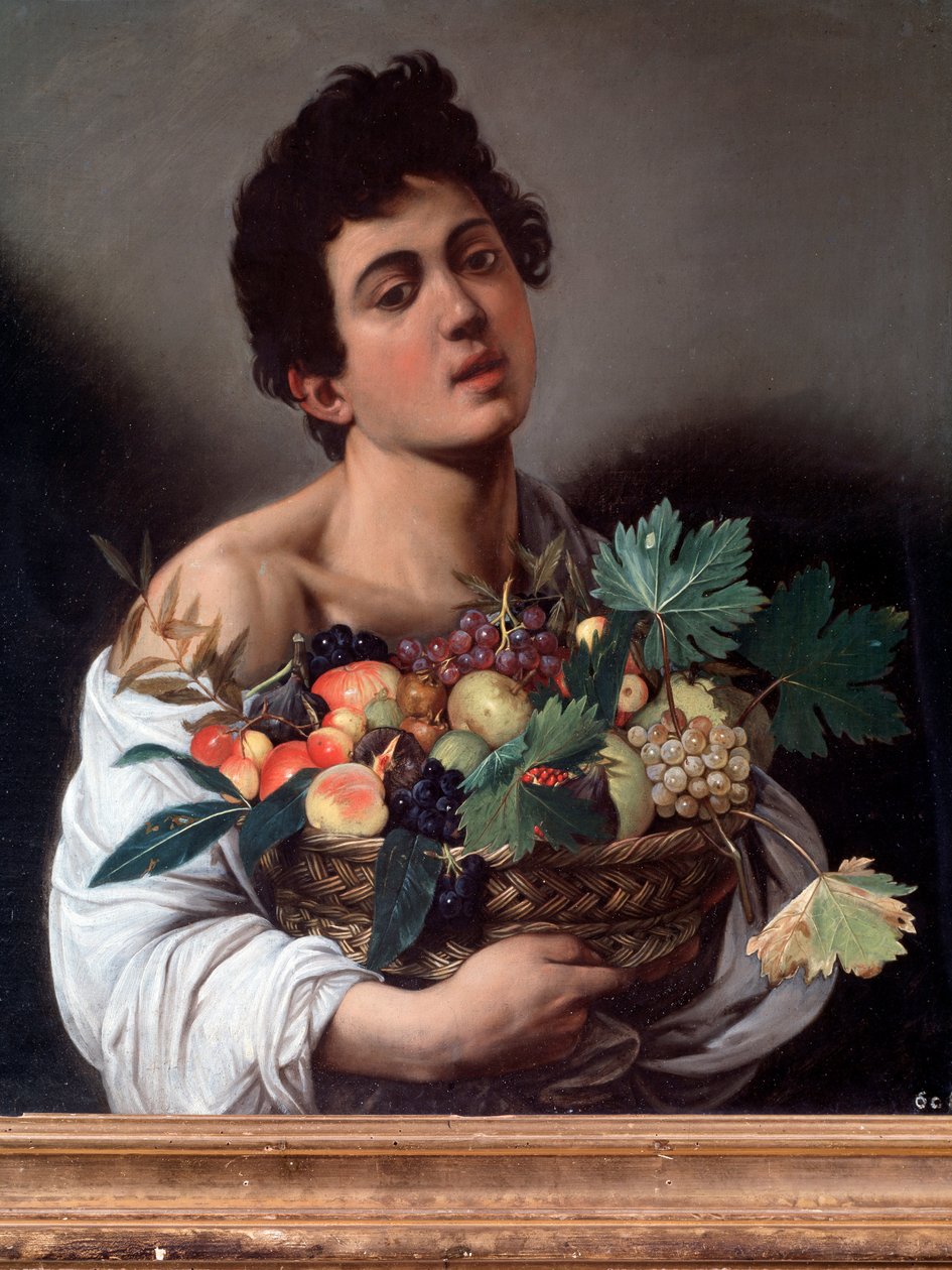 Nuoren miehen muotokuva, jolla on hedelmäkori, tai hedelmättäjä. Yksityiskohta (maalaus tekijältä Michelangelo Merisi da Caravaggio