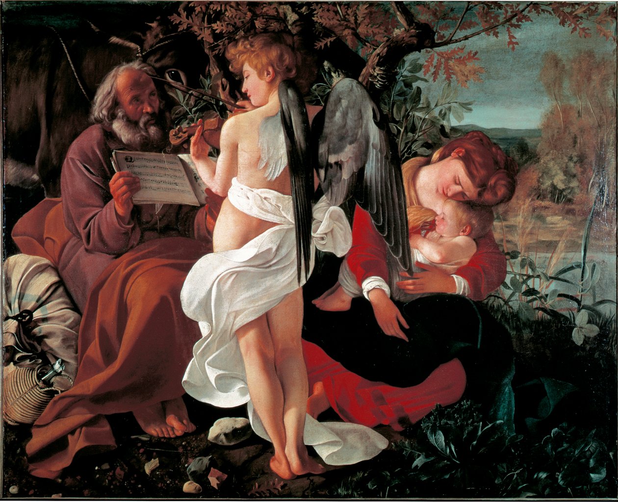 Lepo lennon aikana Egyptiin Michelangelo Merisin maalaus sanoi il Caravaggio (The Caravaggio) (1571-1610) 1590 noin. Aurinko. 130x160 cm Rome Galleria Doria Pamphili tekijältä Michelangelo Merisi da Caravaggio