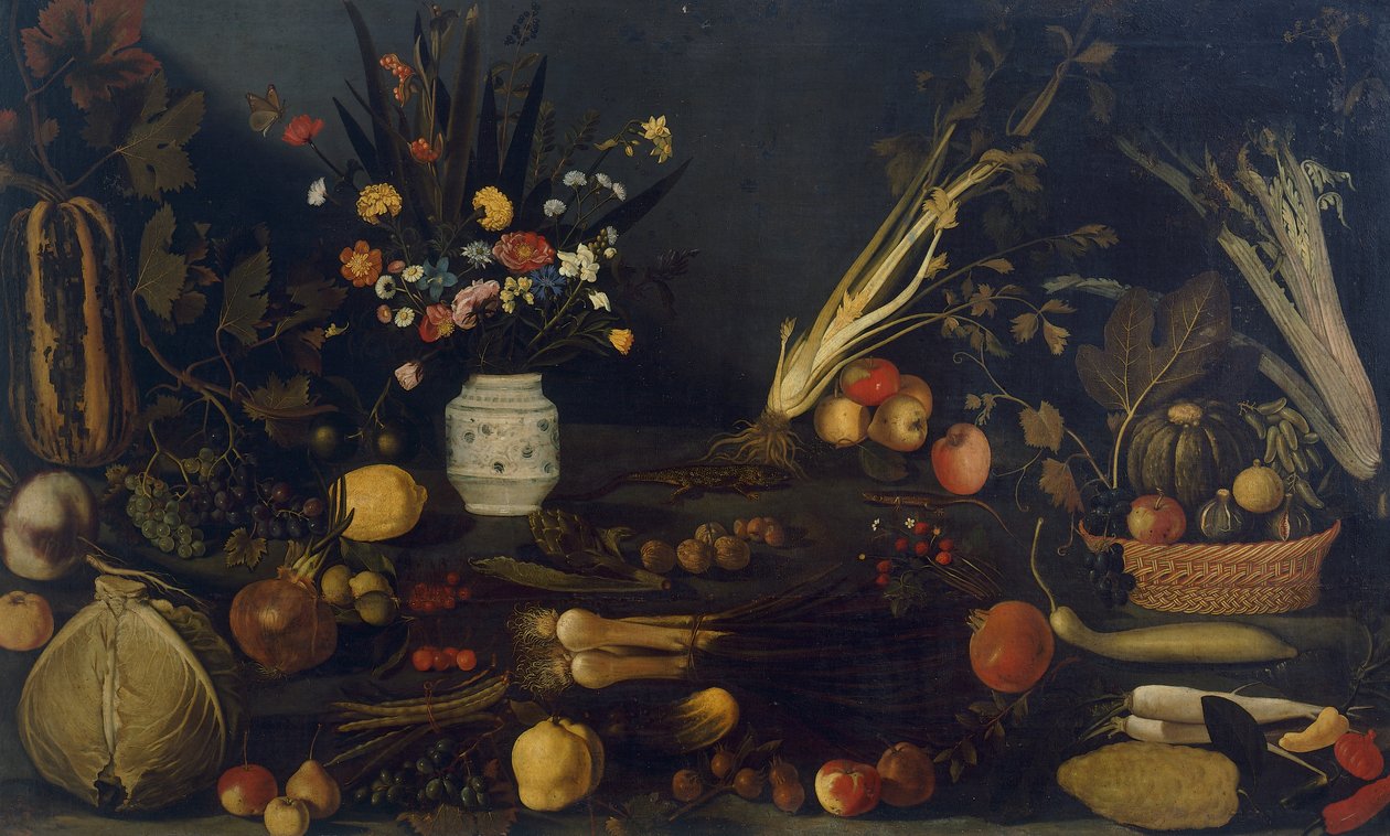 Kukkien ja kasvien asetelma (öljy kankaalle) tekijältä Michelangelo Merisi da Caravaggio