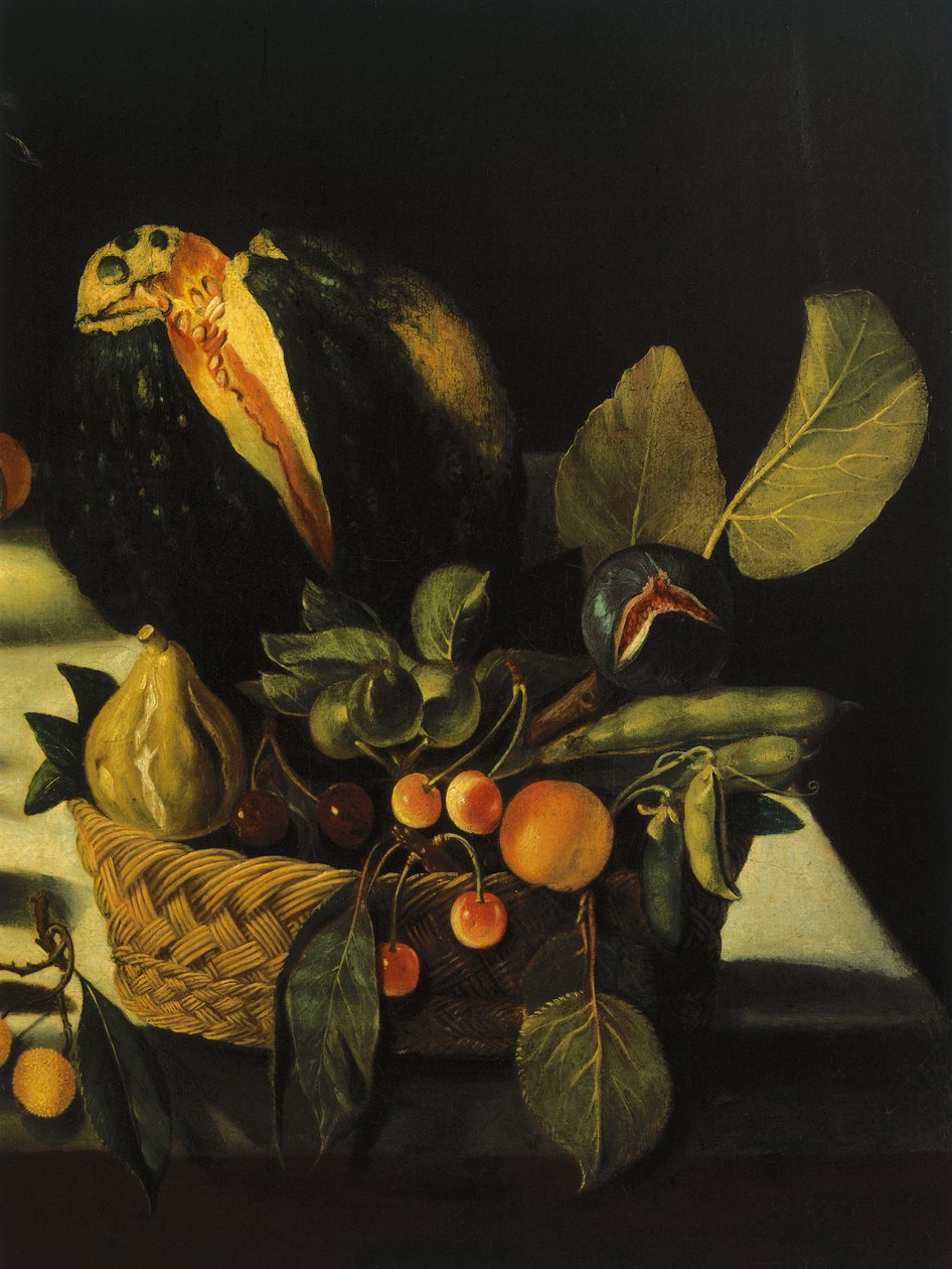 Asetelma kukilla ja hedelmillä, Master of the Hartford Still Life, n. 1600-10 (öljy kankaalle) (yksityiskohta 507174) tekijältä Michelangelo Merisi da Caravaggio