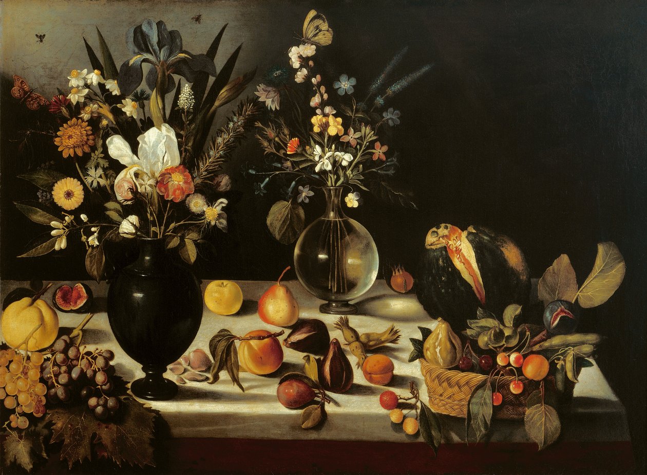 Asetelma kukilla ja hedelmillä, Master of the Hartford Still Life, n. 1600-1010 (öljy kankaalle) tekijältä Michelangelo Merisi da Caravaggio