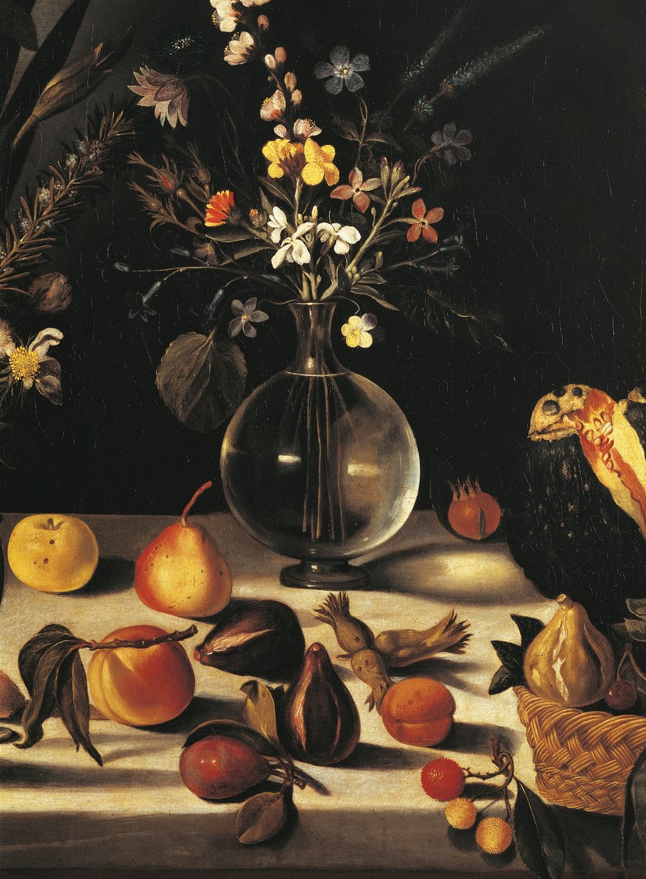 Asetelma kukilla ja hedelmillä, Master of the Hartford Still Life, n. 1600-10 (öljy kankaalle) (yksityiskohta 507174) tekijältä Michelangelo Merisi da Caravaggio