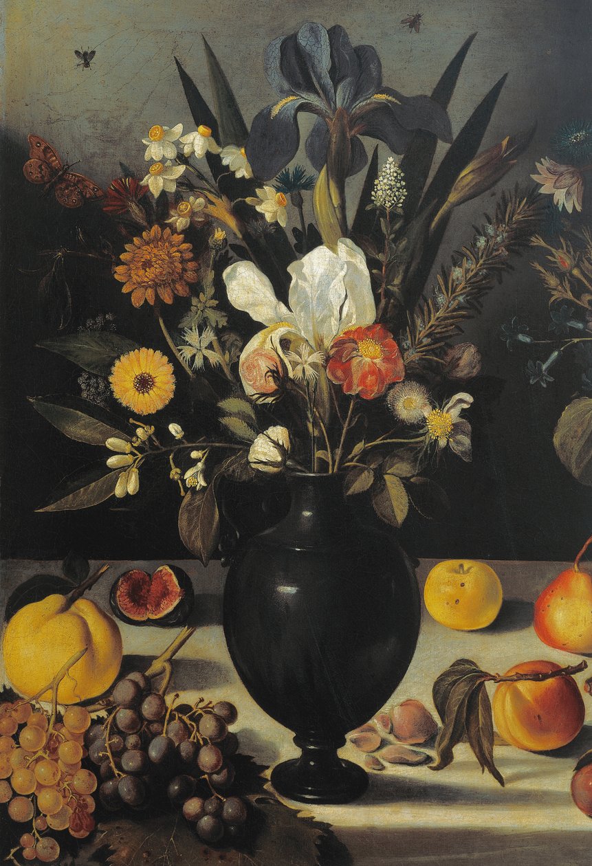 Asetelma kukilla ja hedelmillä, Master of the Hartford Still Life, n. 1600-10 (öljy kankaalle) (yksityiskohta 507174) tekijältä Michelangelo Merisi da Caravaggio