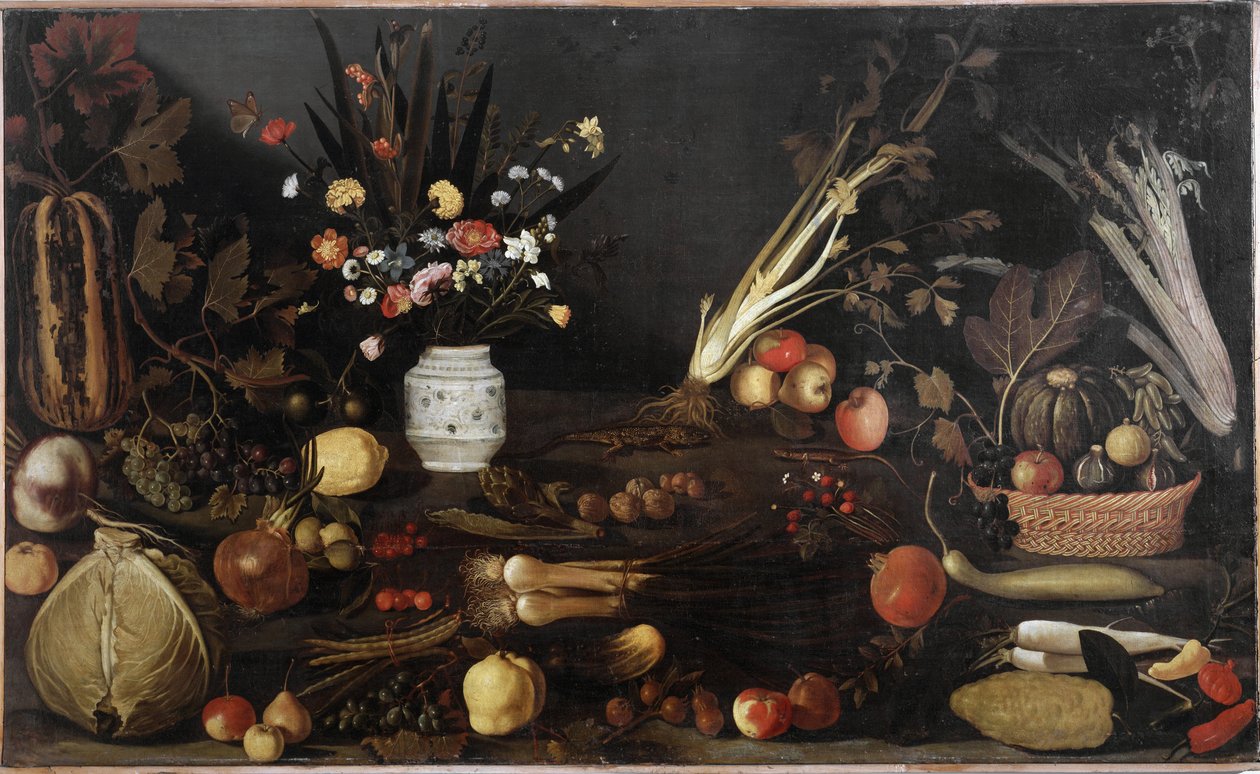 Asetelma kukilla ja hedelmillä - öljy kankaalle n. 1590 tekijältä Michelangelo Merisi da Caravaggio